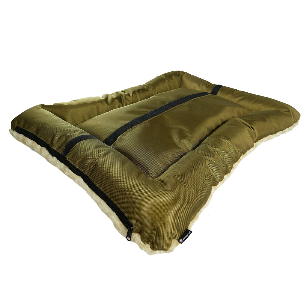 Rectangle bolstered dog bed in olive green with dark edging and cushioned center
