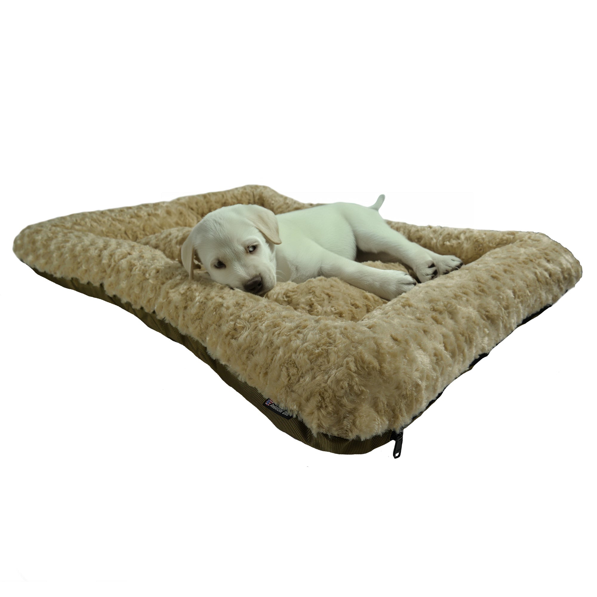 Rectangle bolstered dog bed in tan plush faux fur with raised side bolsters