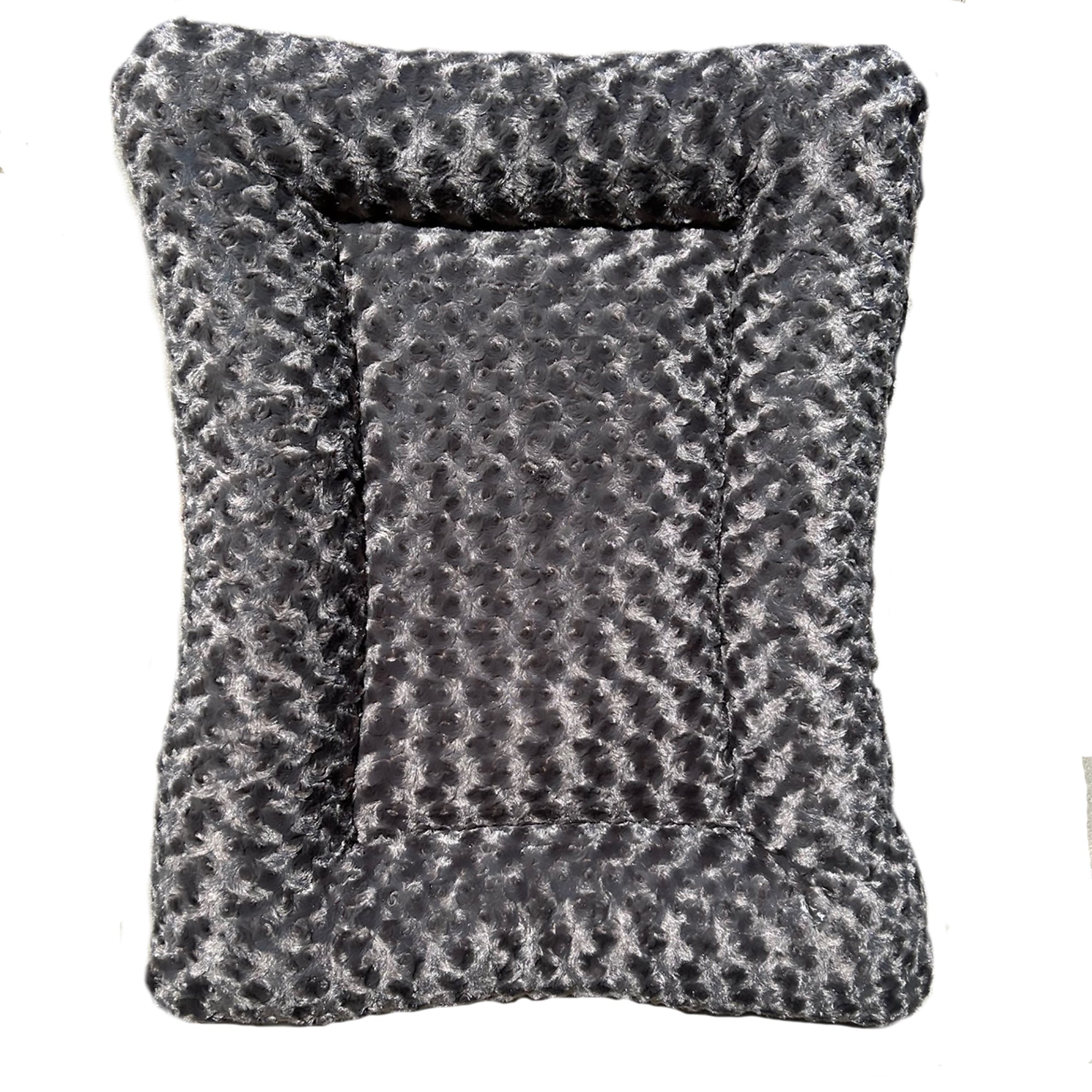 Charcoal rectangular dog bed with thick bolstered sides and cloud-like faux fur cover