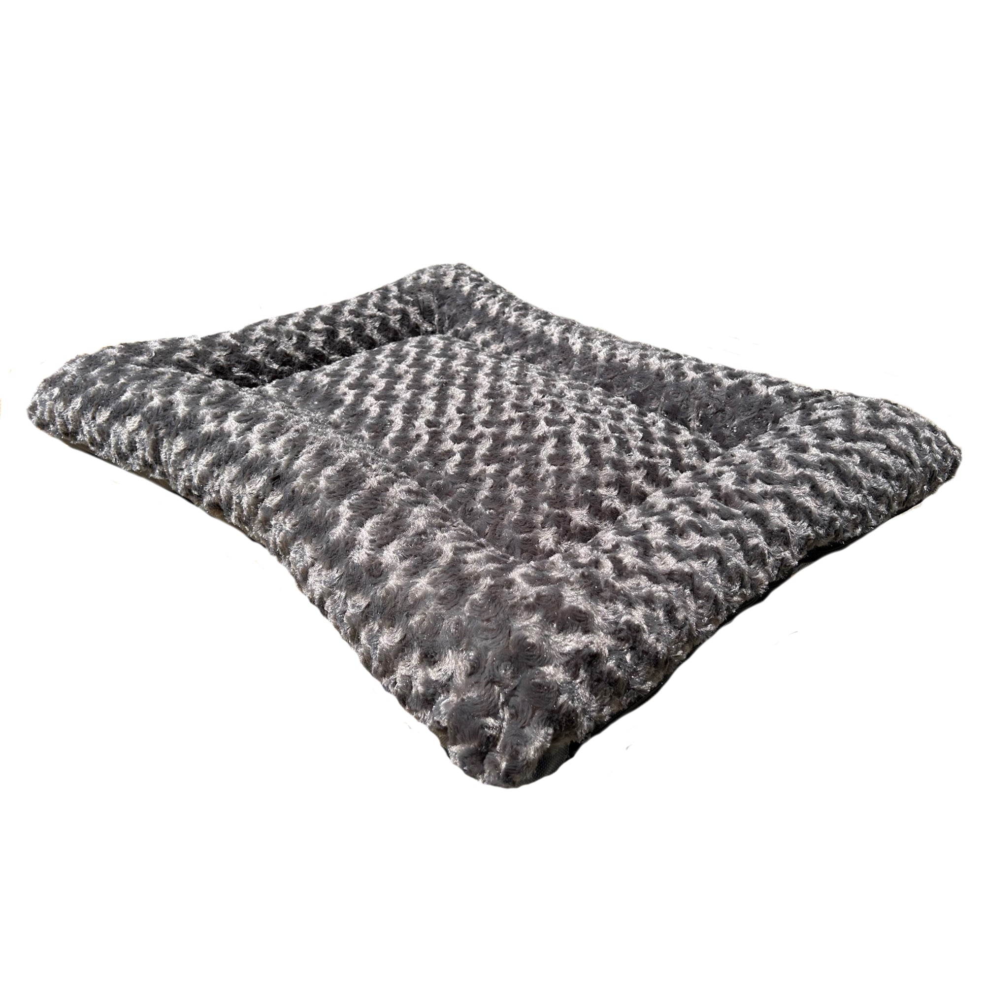 Rectangle bolstered dog bed in gray mottled faux fur with padded sides