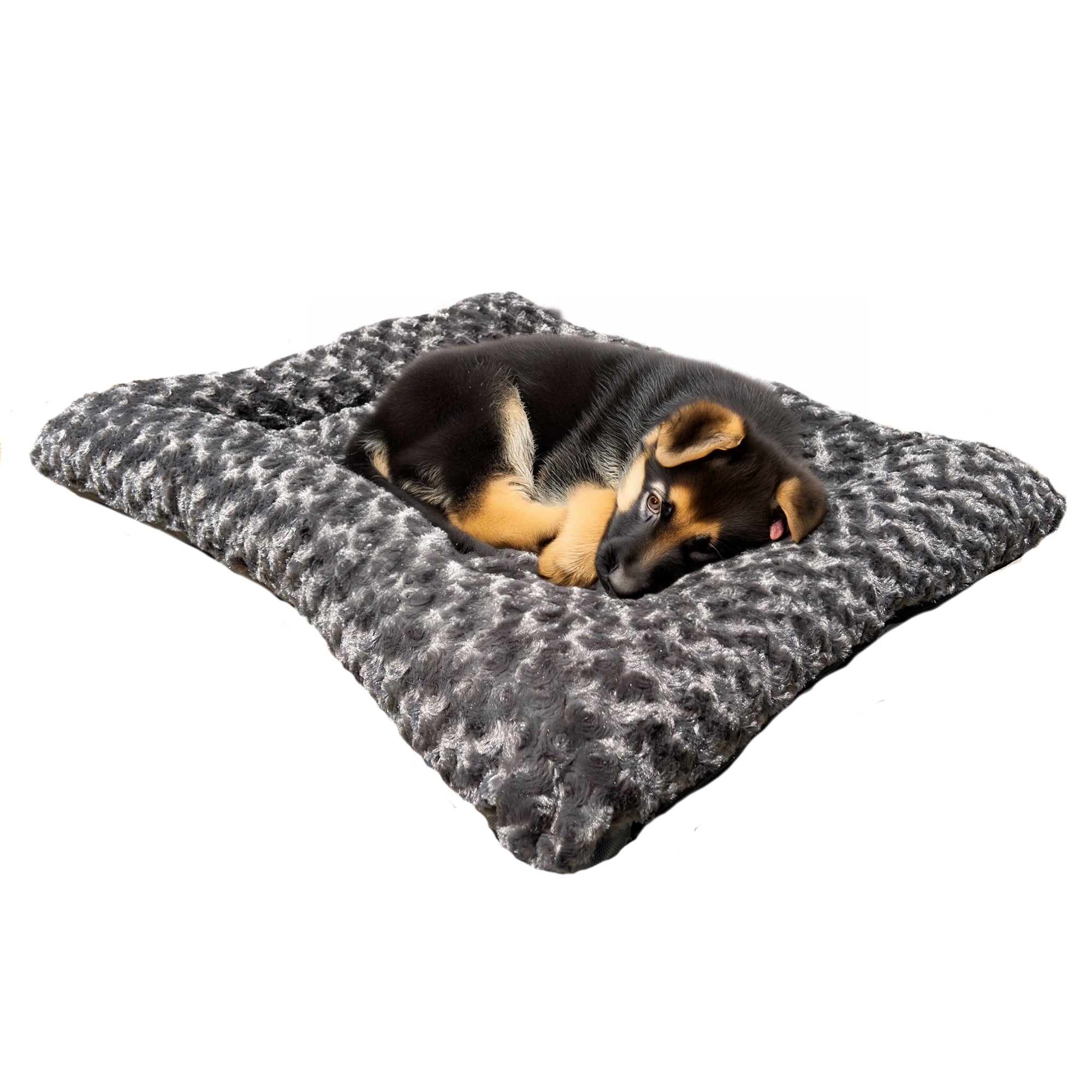 Charcoal rectangular dog bed with bolstered edges and plush faux fur top with resting dog