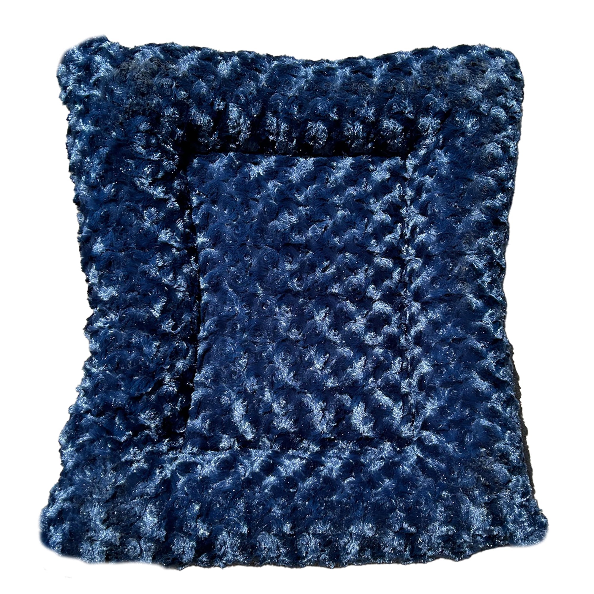 Rectangle bolstered dog bed in dark blue shaggy faux fur with thick cushion