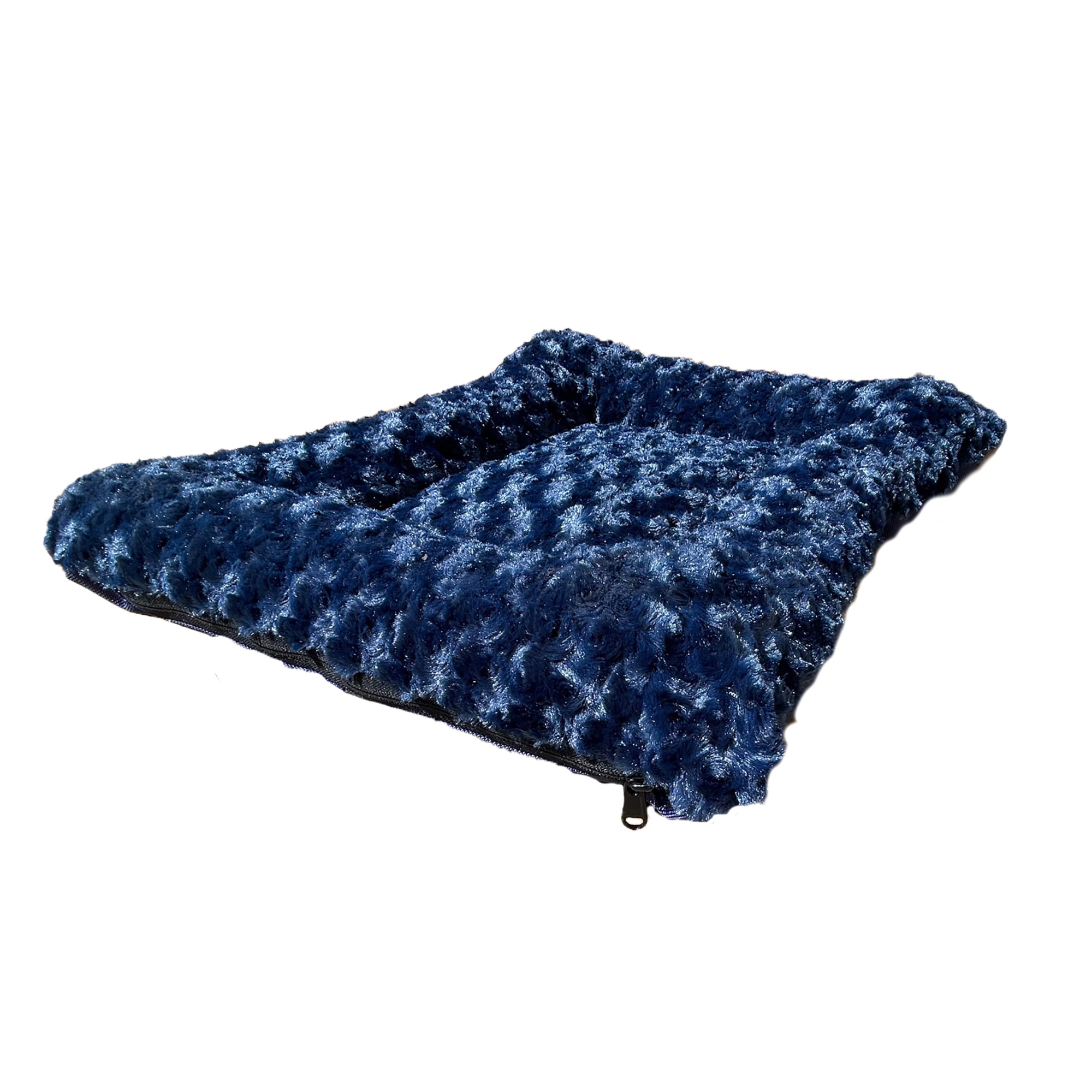 Rectangle bolstered dog bed in dark blue faux fur with curved raised edge