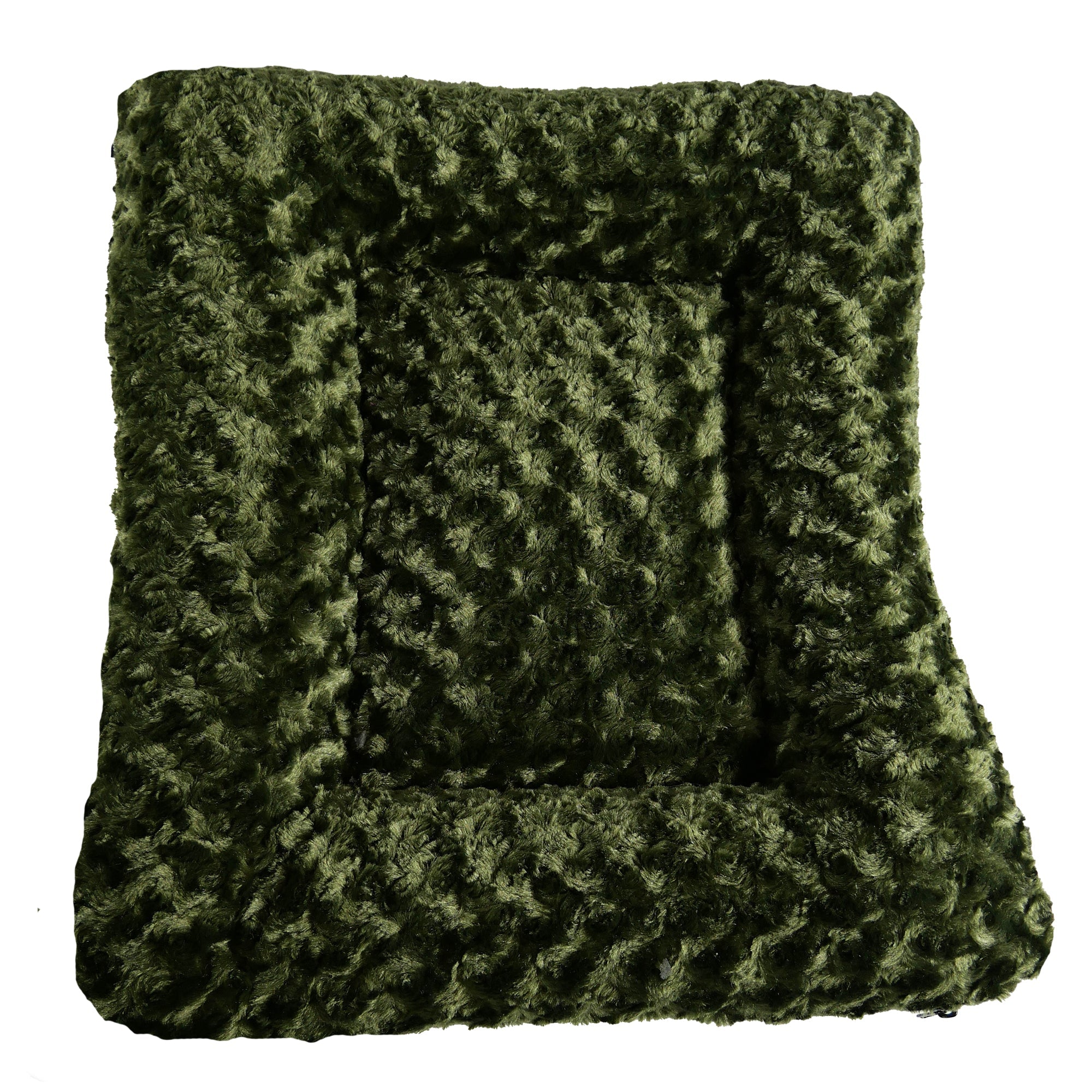 Olive rectangular dog bed with thick bolstered sides and cloud-like faux fur cover