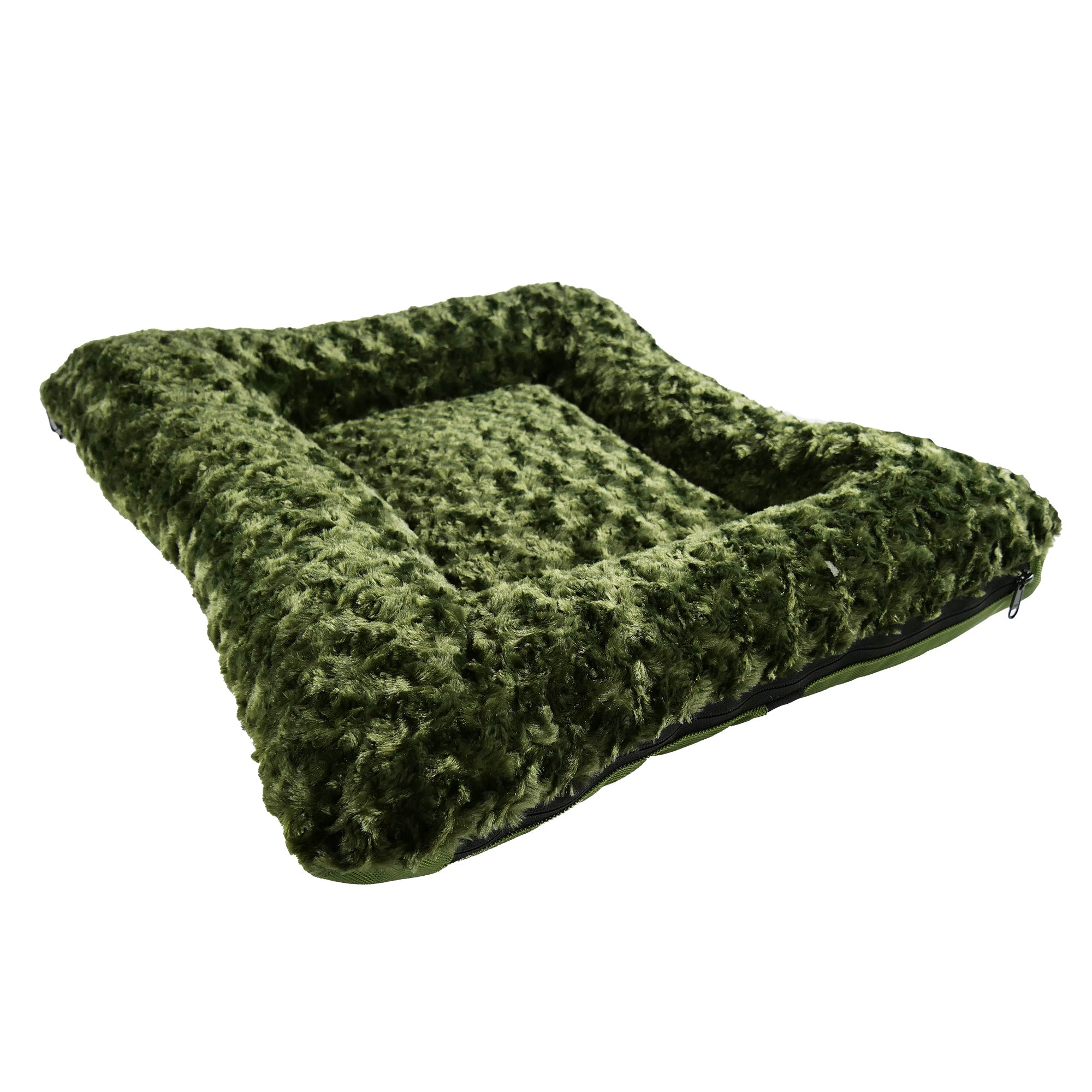 Olive rectangular dog bed with bolstered edges and cloud-like faux fur cover