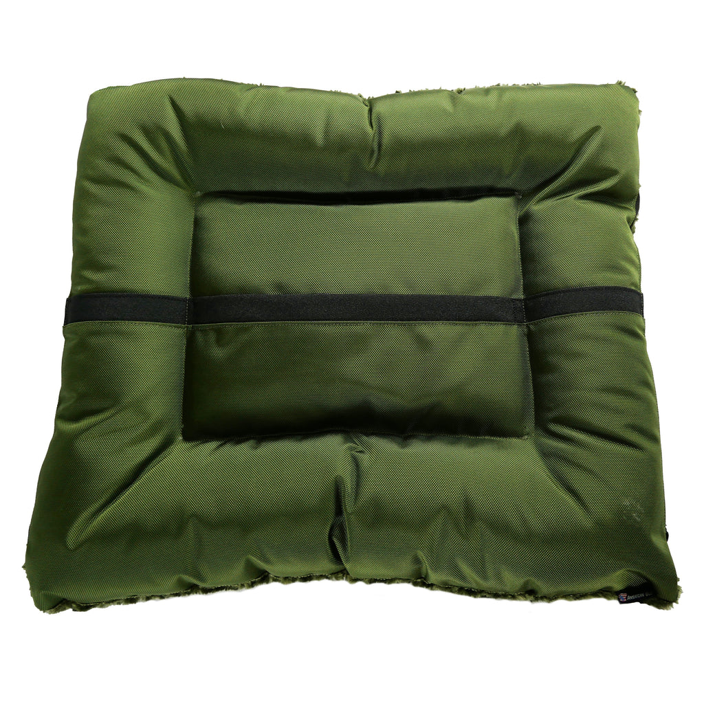 Olive rectangular dog bed with padded bolsters and smooth fabric cover