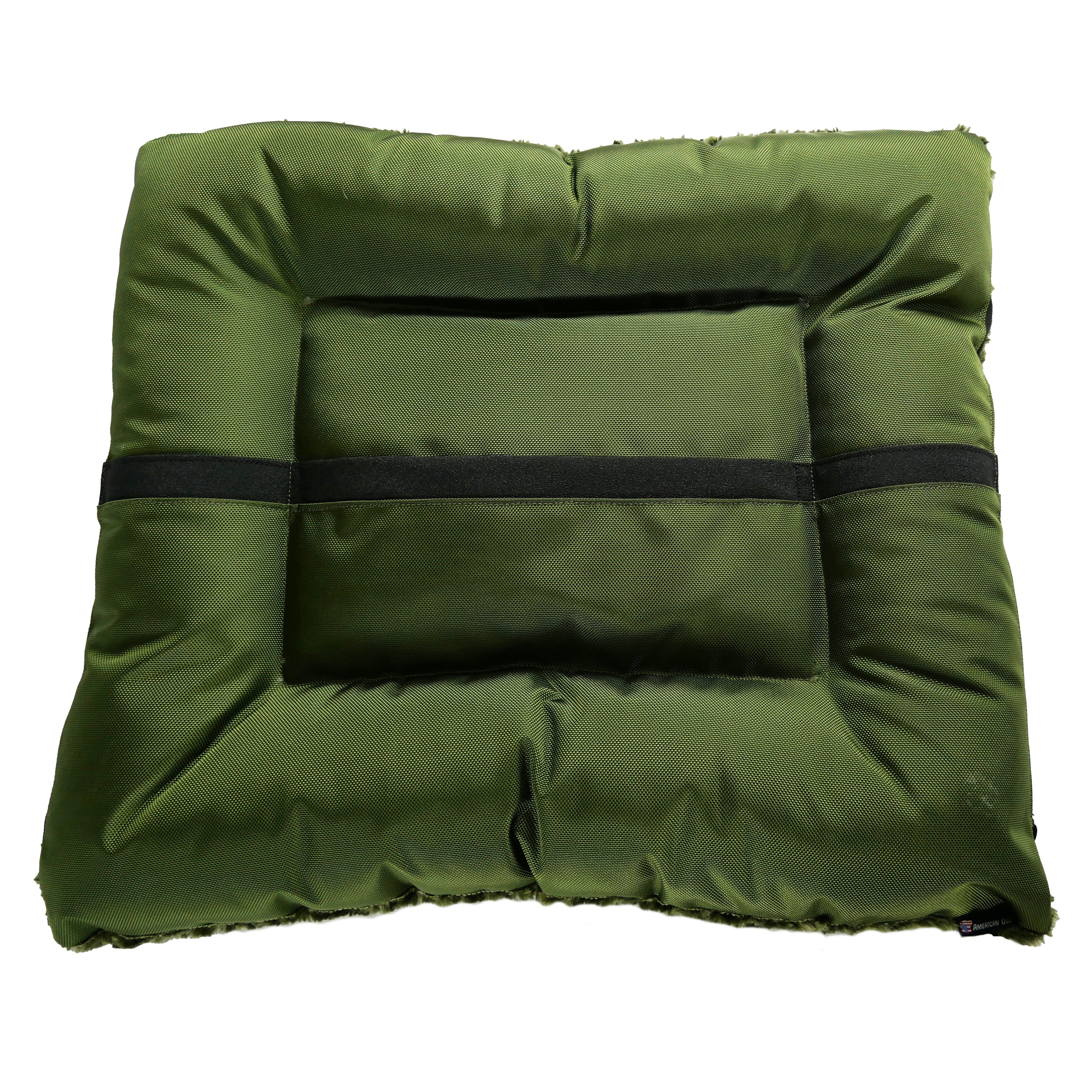 Olive rectangular dog bed with padded bolsters and smooth fabric cover