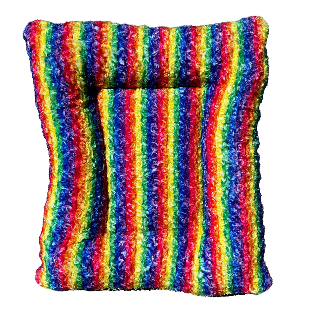 Rainbow striped rectangular dog bed with bolstered sides, plush fur surface