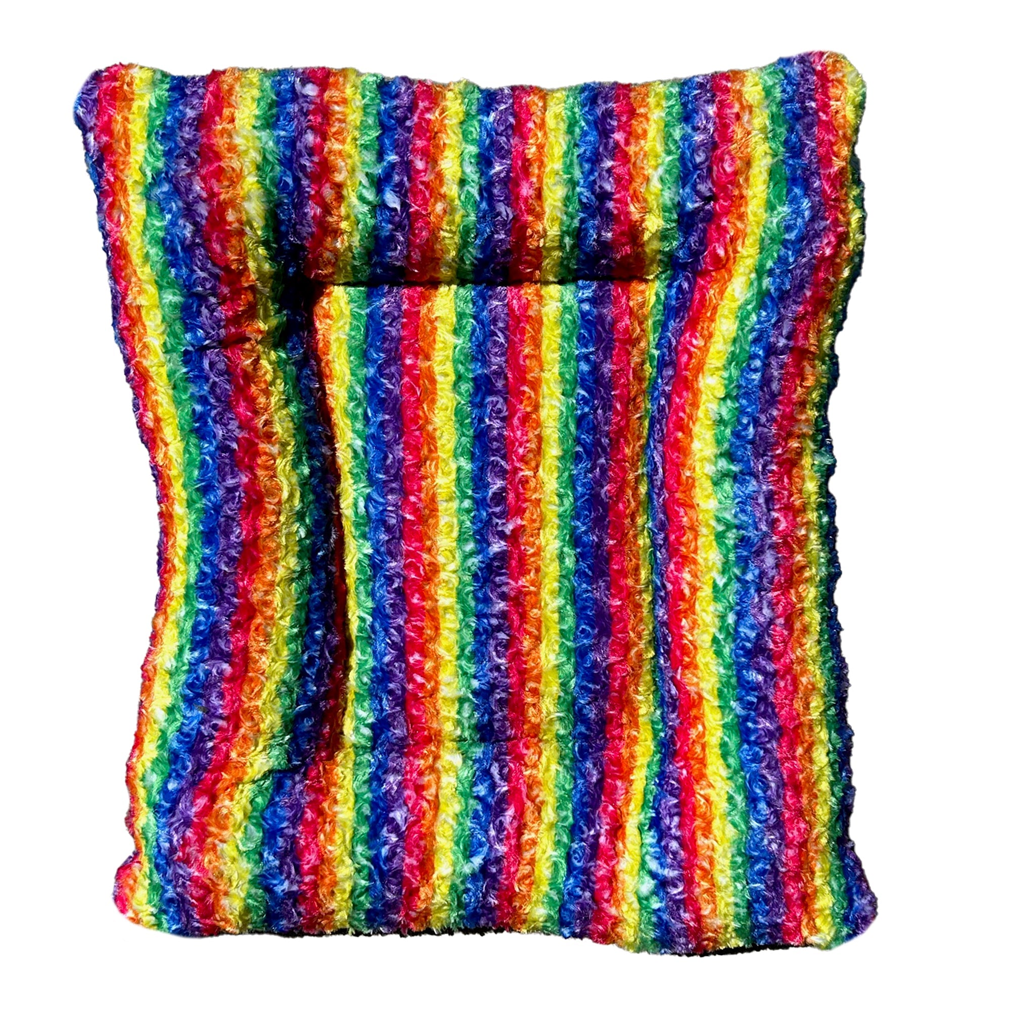 Rainbow striped rectangular dog bed with bolstered sides, plush fur surface