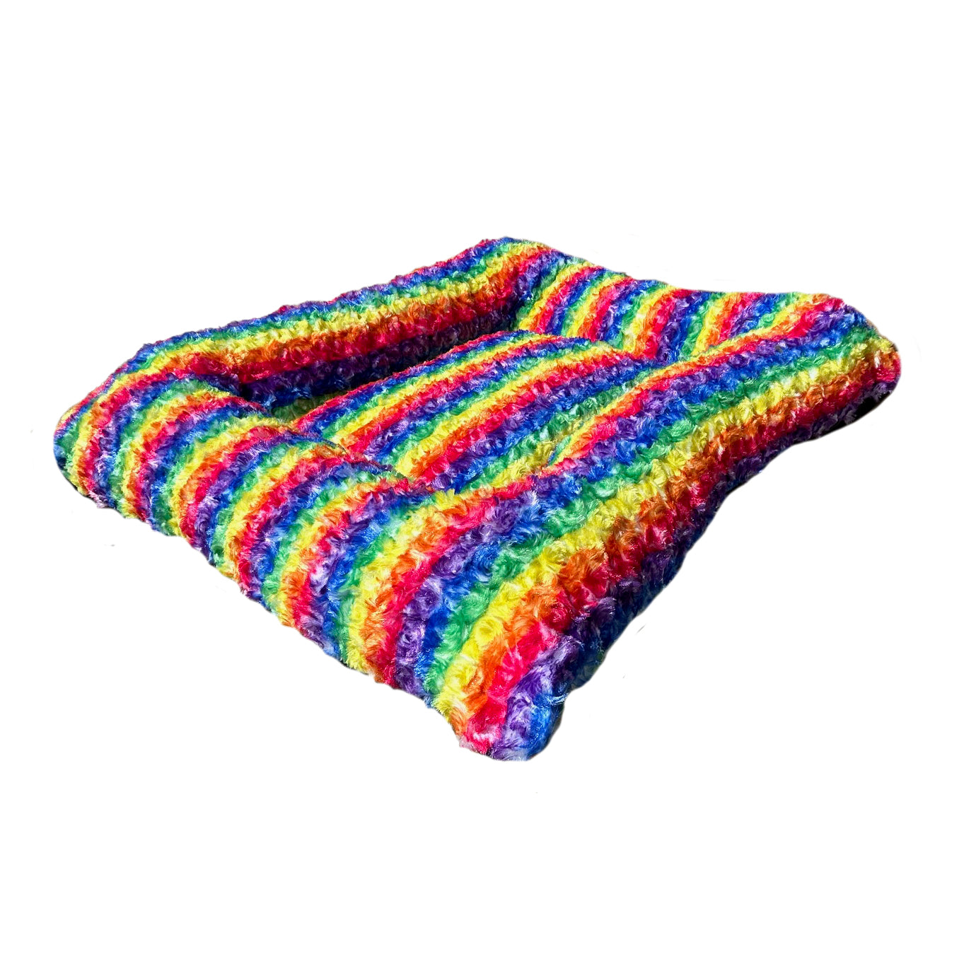 Rainbow striped rectangular dog bed with bolstered sides, plush fur top