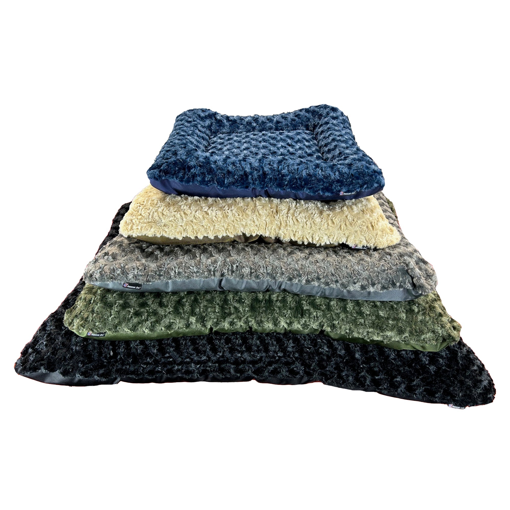 Layered color-block rectangular dog bed with plush fur, raised bolstered sides