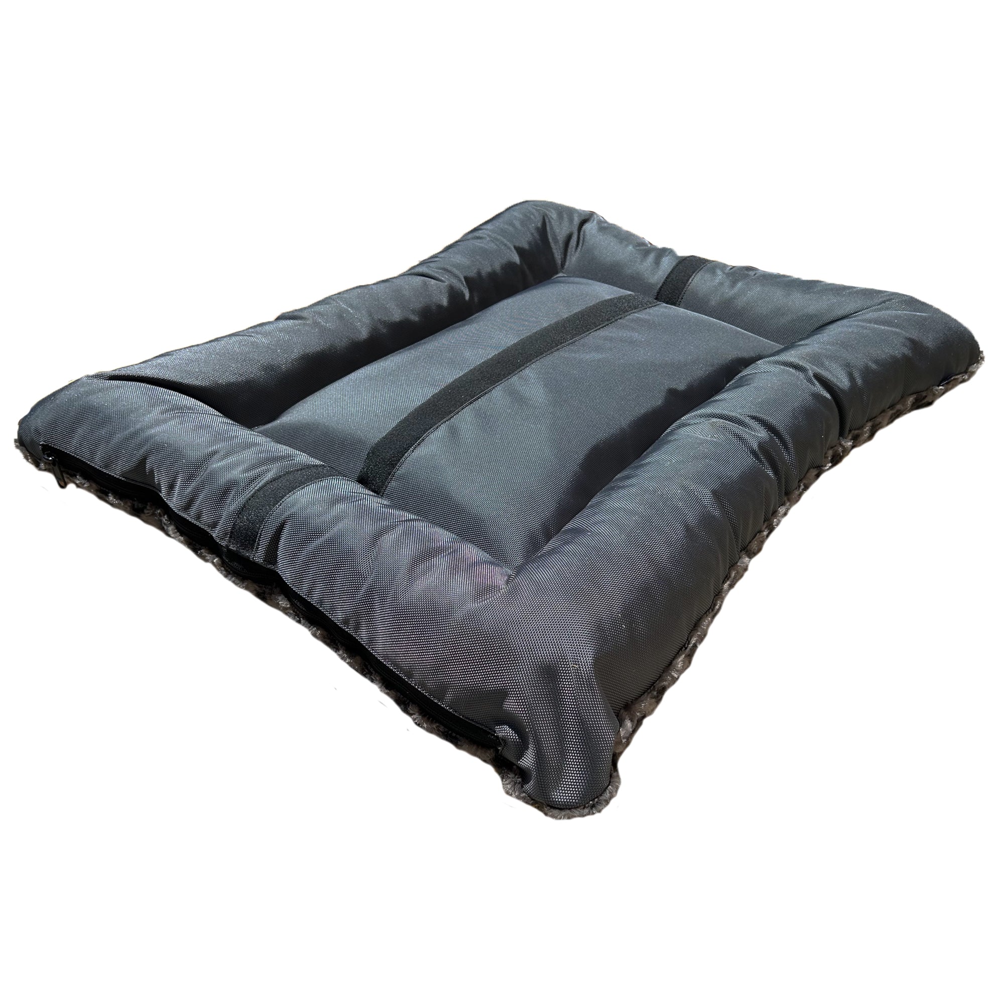 Rectangle bolstered dog bed with dark gray padded cushion and strip accent