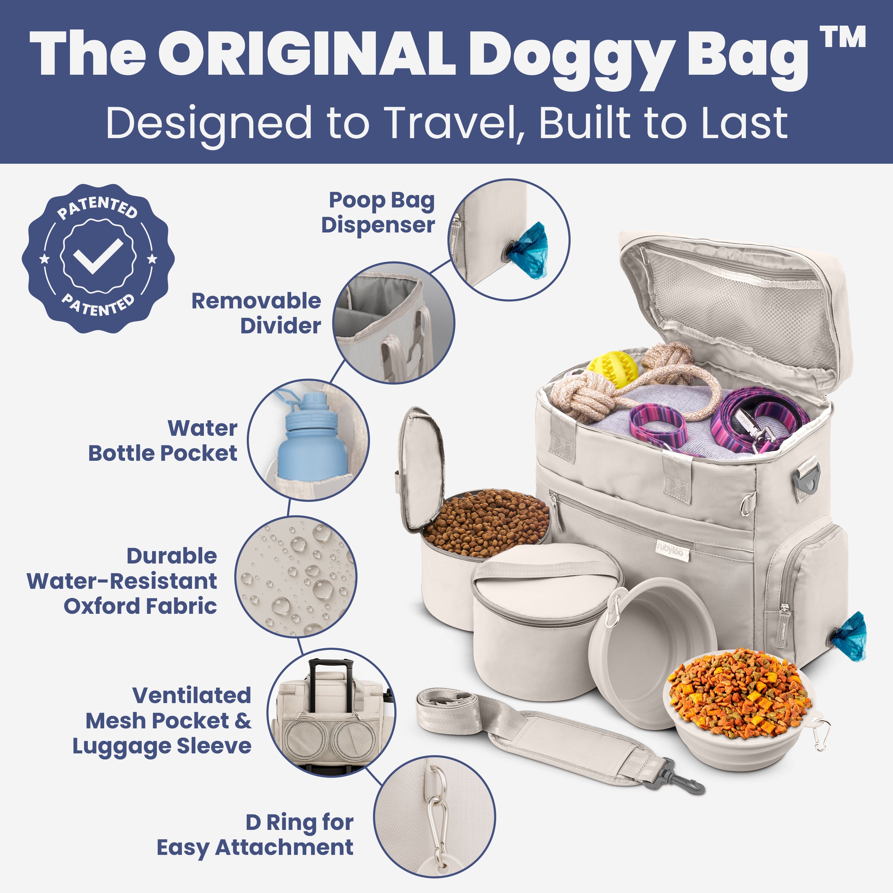 Gray dog travel bag with zipper pockets, mesh divider, and insulated food containers shown