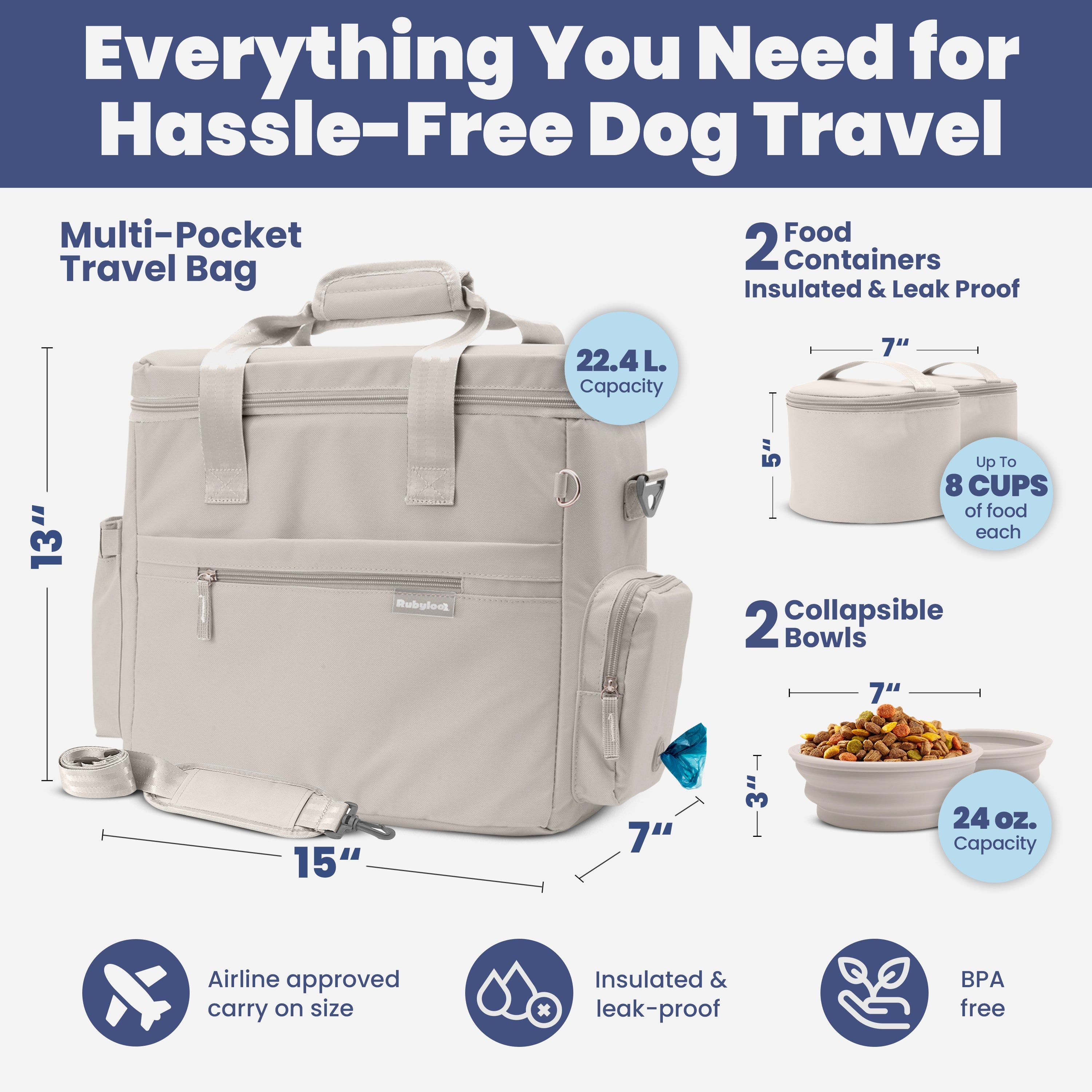 Gray dog travel bag with multiple pockets and two insulated food containers with bowls