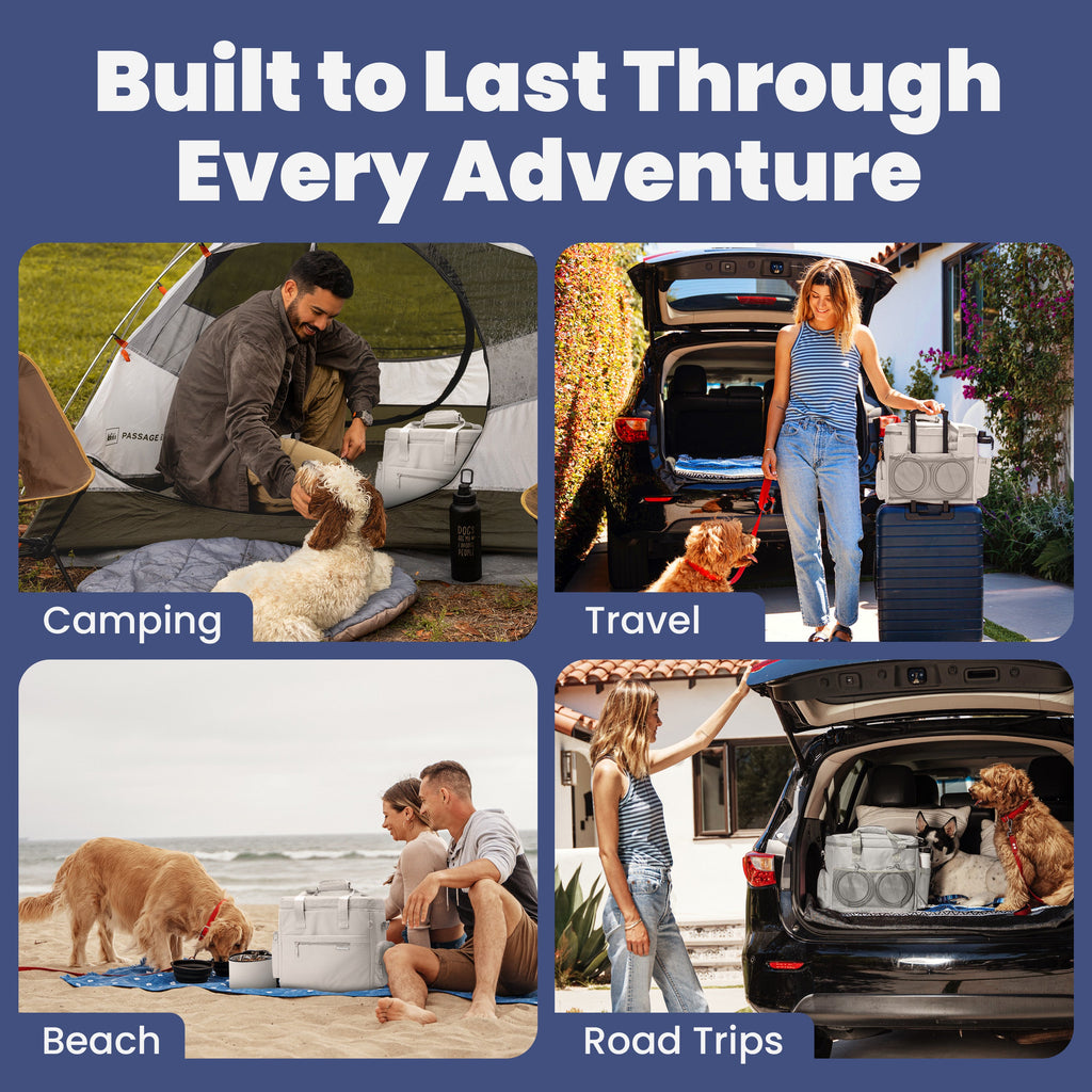 Dog travel bag displayed for camping, beach, and road trips with collapsible bowls