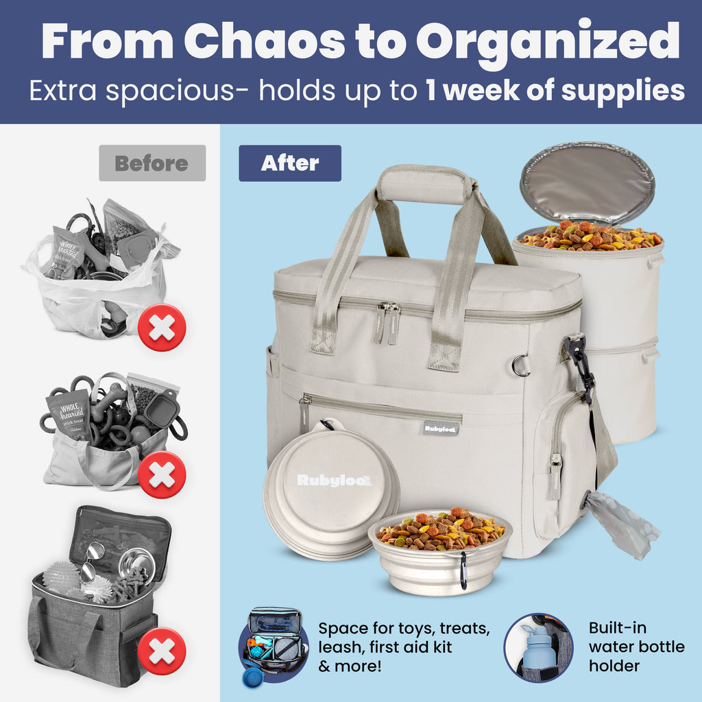 Light gray dog travel bag with organizer compartments and two feeding bowls