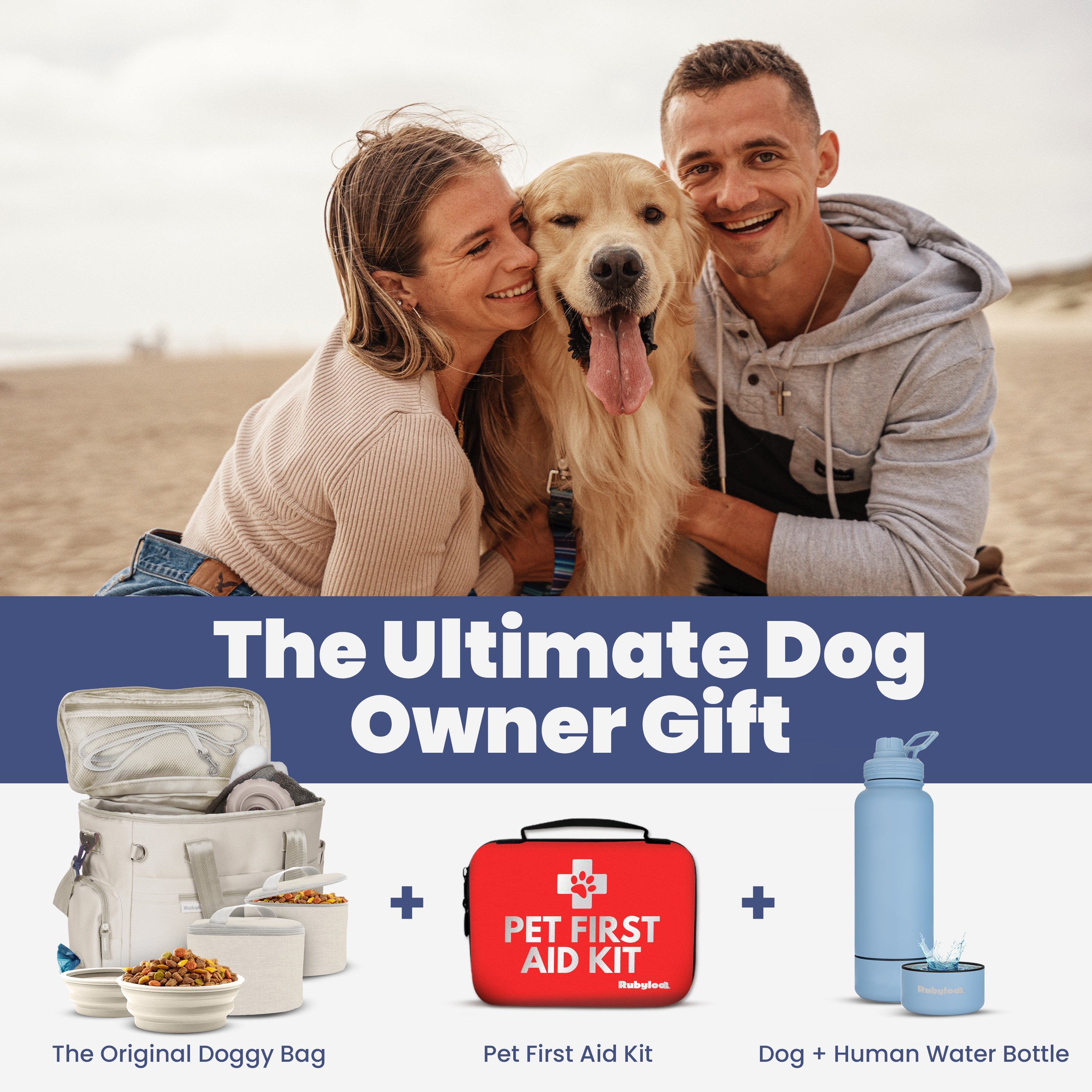 Beige dog travel bag with open compartments and water bottle accessory