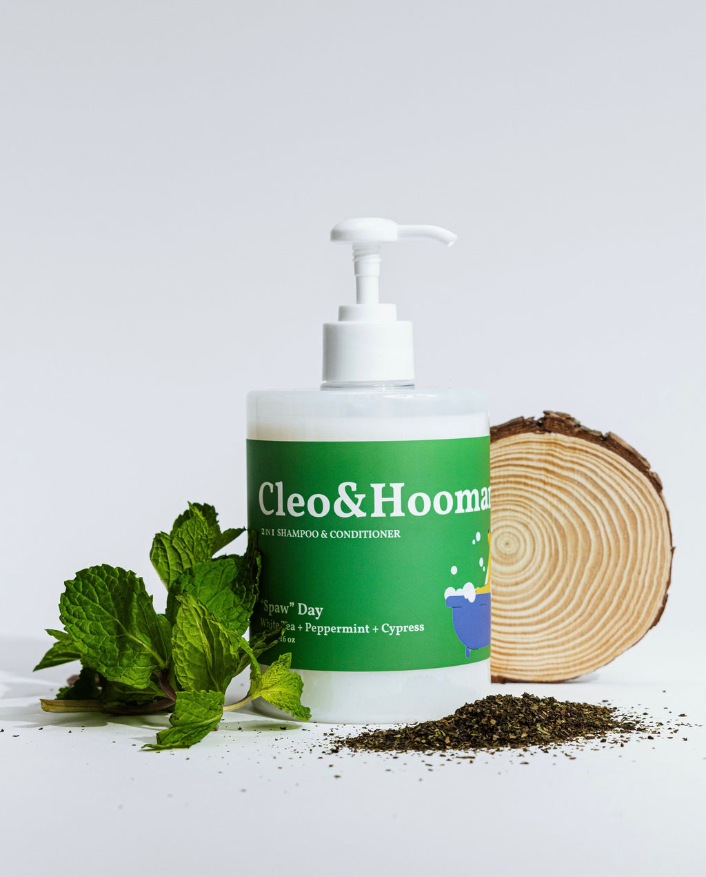 Dog shampoo and conditioner bottle with white pump, green label