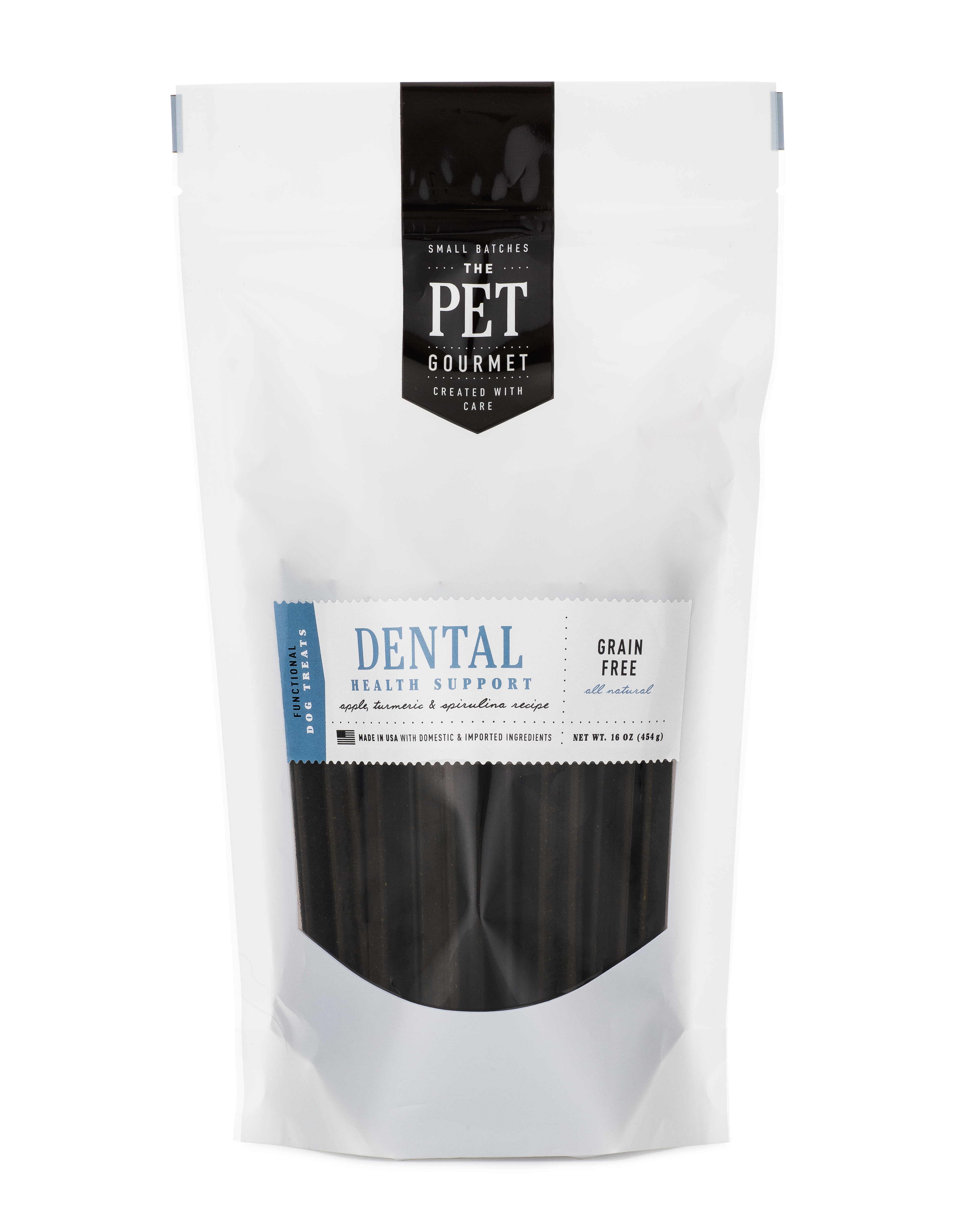 Dog dental chew sticks in white pouch with blue label, grain-free