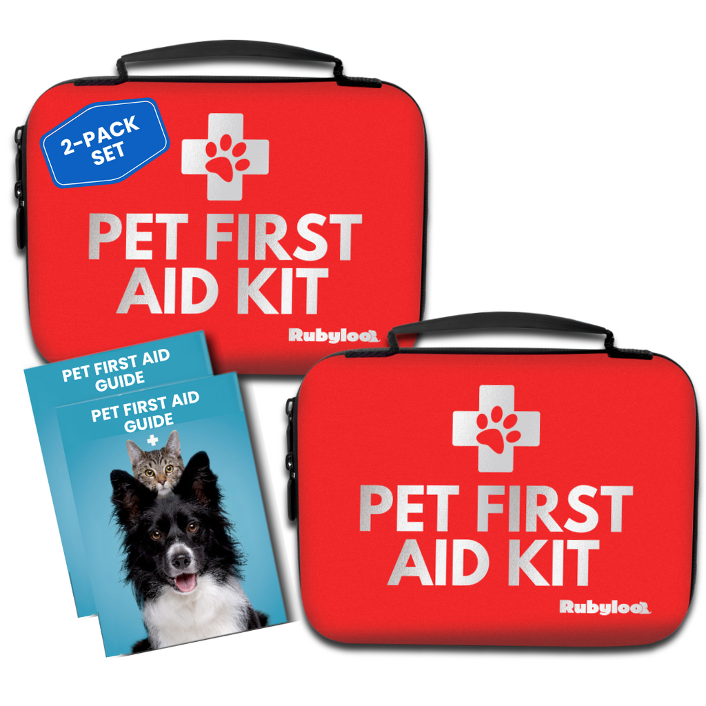 Two red pet first aid kit cases with paw logo and zipper, with guide booklet for the pair set