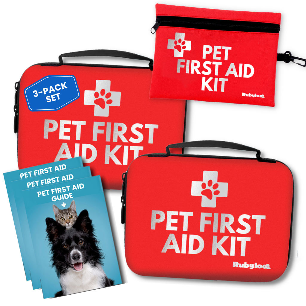 Two red pet first aid kit cases with handles and zipper, plus guide booklets in a set