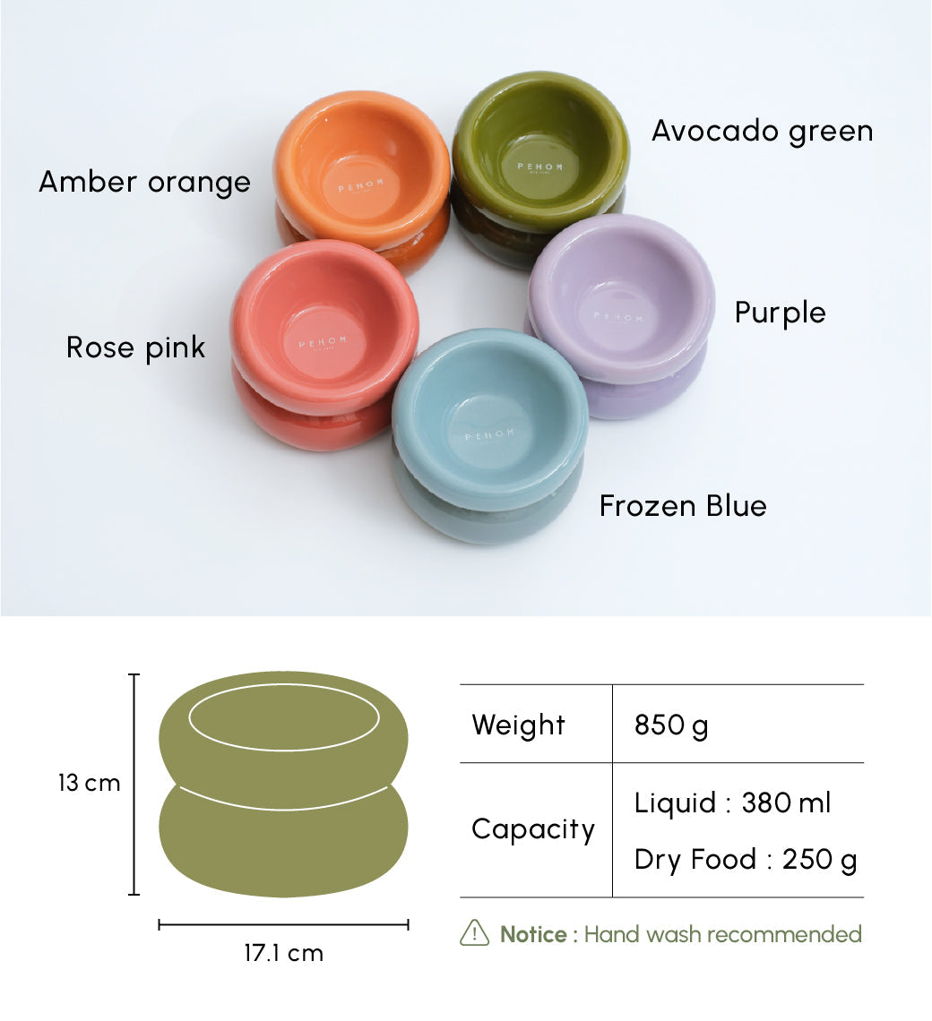 Assorted soufflé pet bowls in amber orange, rose pink, avocado green, purple, frozen blue