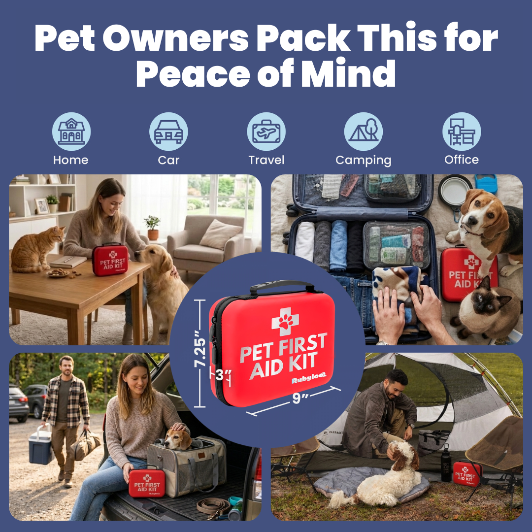 Red pet first aid kit case with zipper, shown in multiple travel and home setting photos