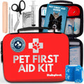 Red pet first aid kit bag with pet guide, roll gauze, and medical tools in compartments