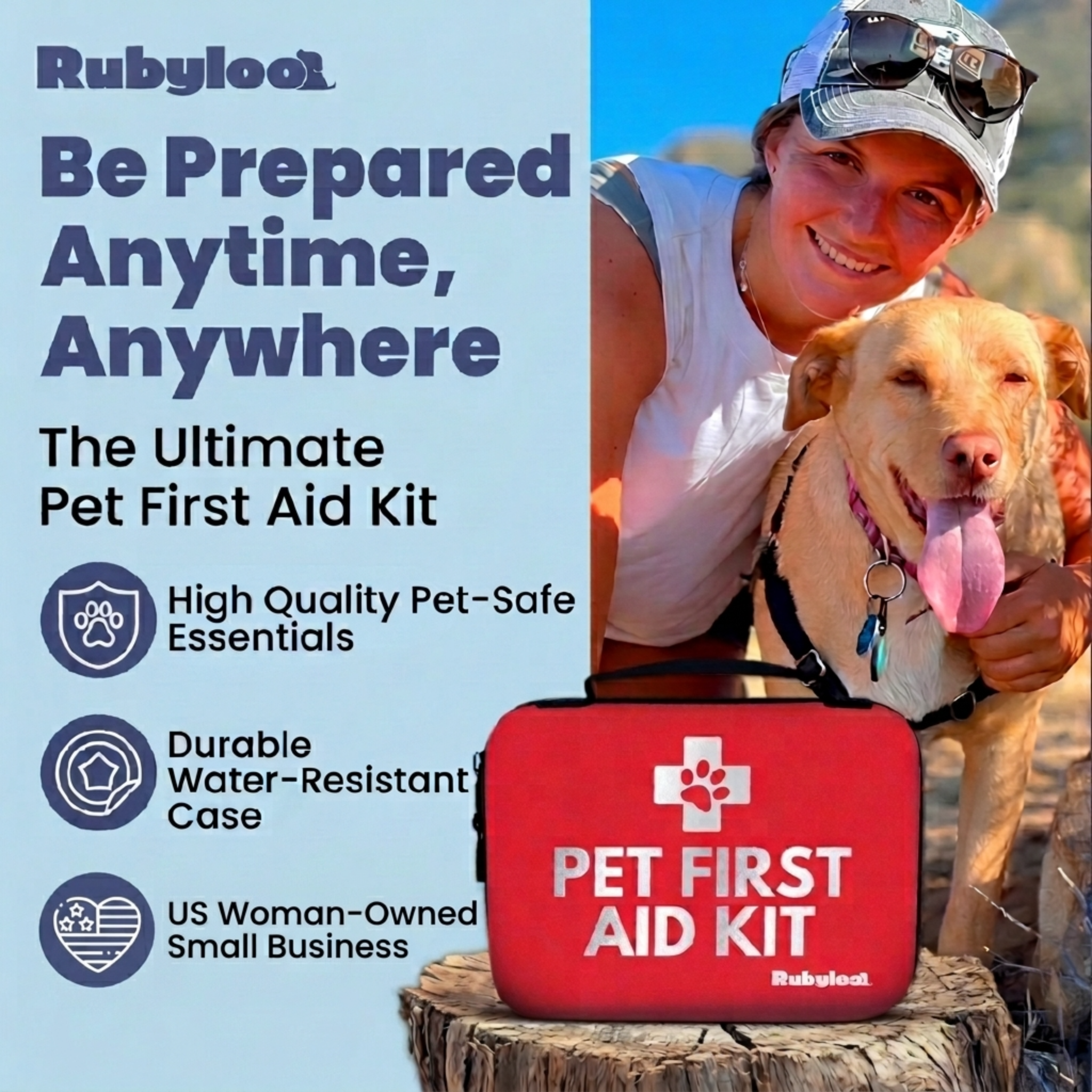 Red pet first aid kit case on a dog owner’s outdoor scene, featuring white paw logo