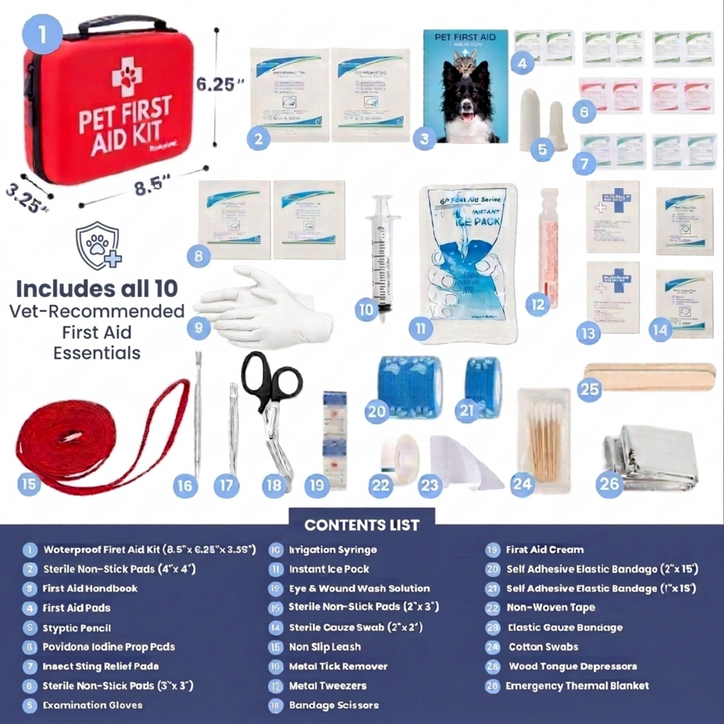 Red pet first aid kit case with zipper and handle, shown with assorted medical supplies