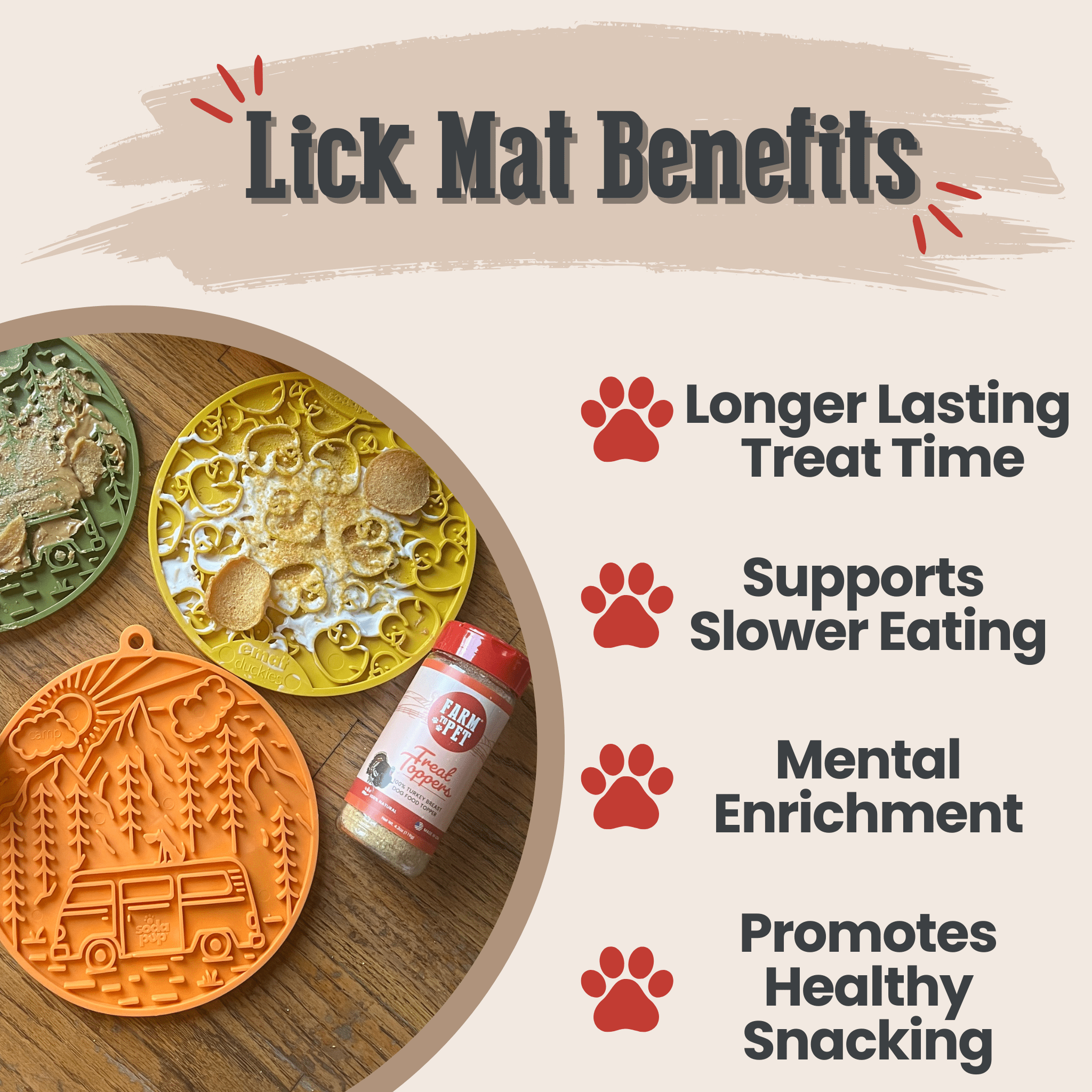 Silicone dog lick mat with round yellow and orange textured sections and suction bumps