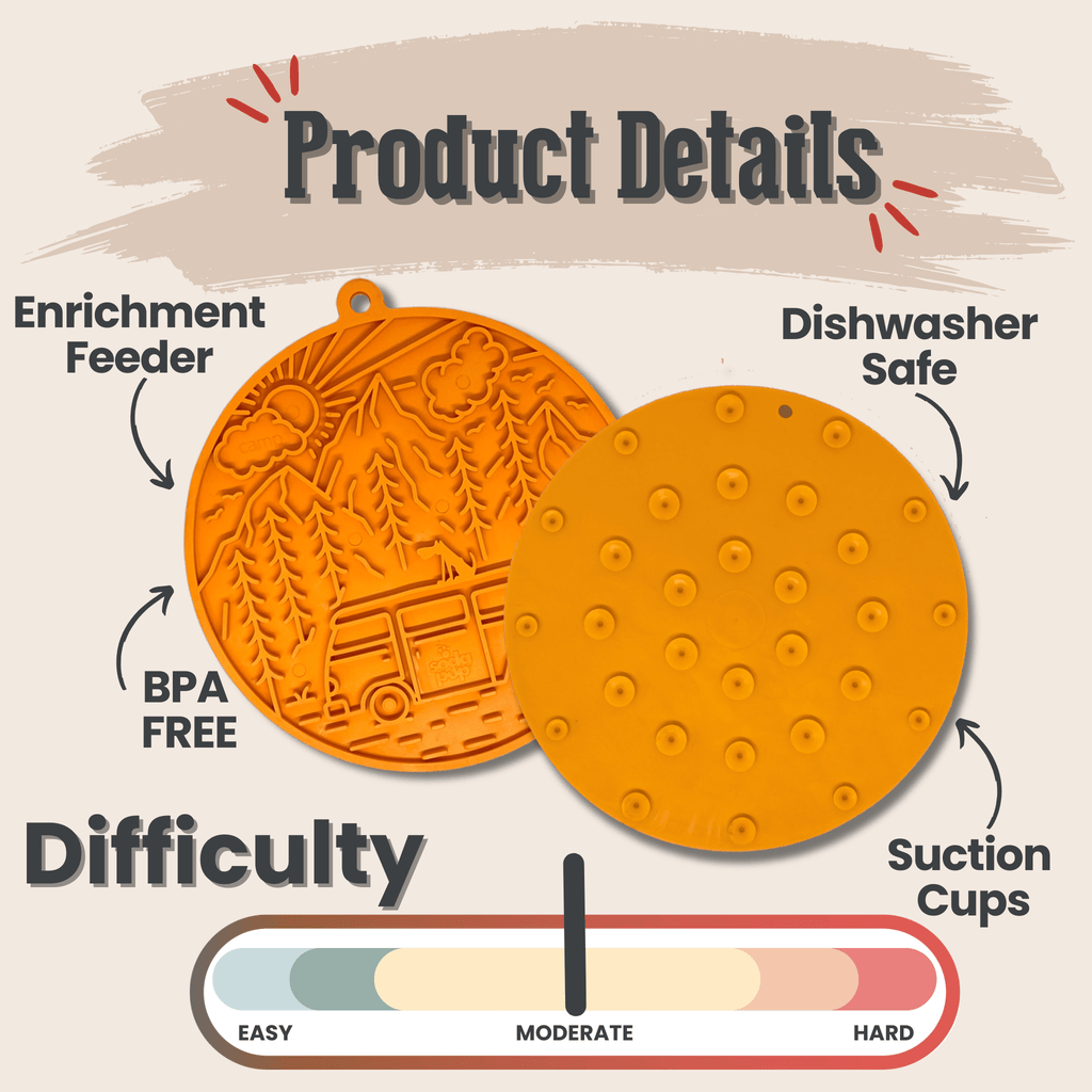 Orange round silicone lick mat with leaf-like texture, small suction cup bumps