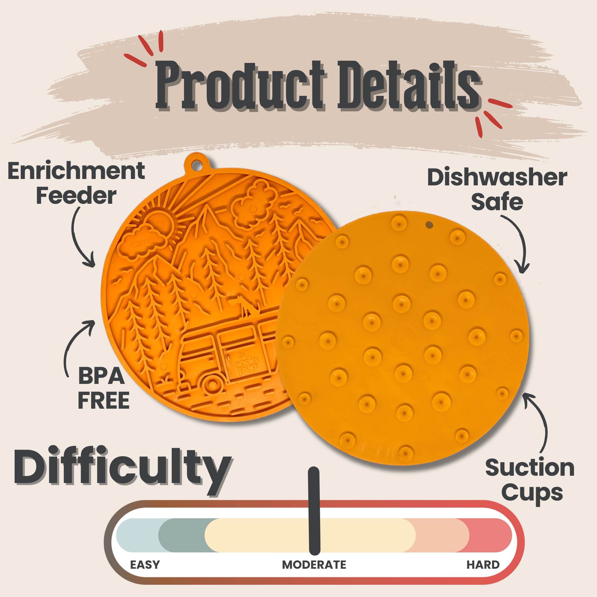 Orange round silicone lick mat with leaf-like texture, small suction cup bumps