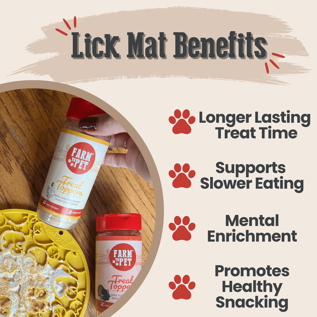 Circular dog lick mat with enrichment-themed graphic and raised treat pattern