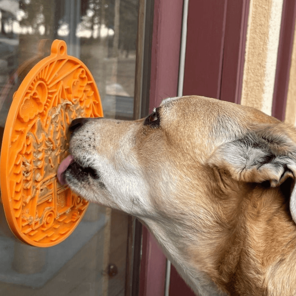Orange silicone dog lick mat with raised leaf pattern pressed to a glass door