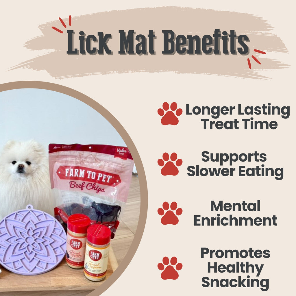 Purple round silicone lick mat with Celtic-style texture next to treats
