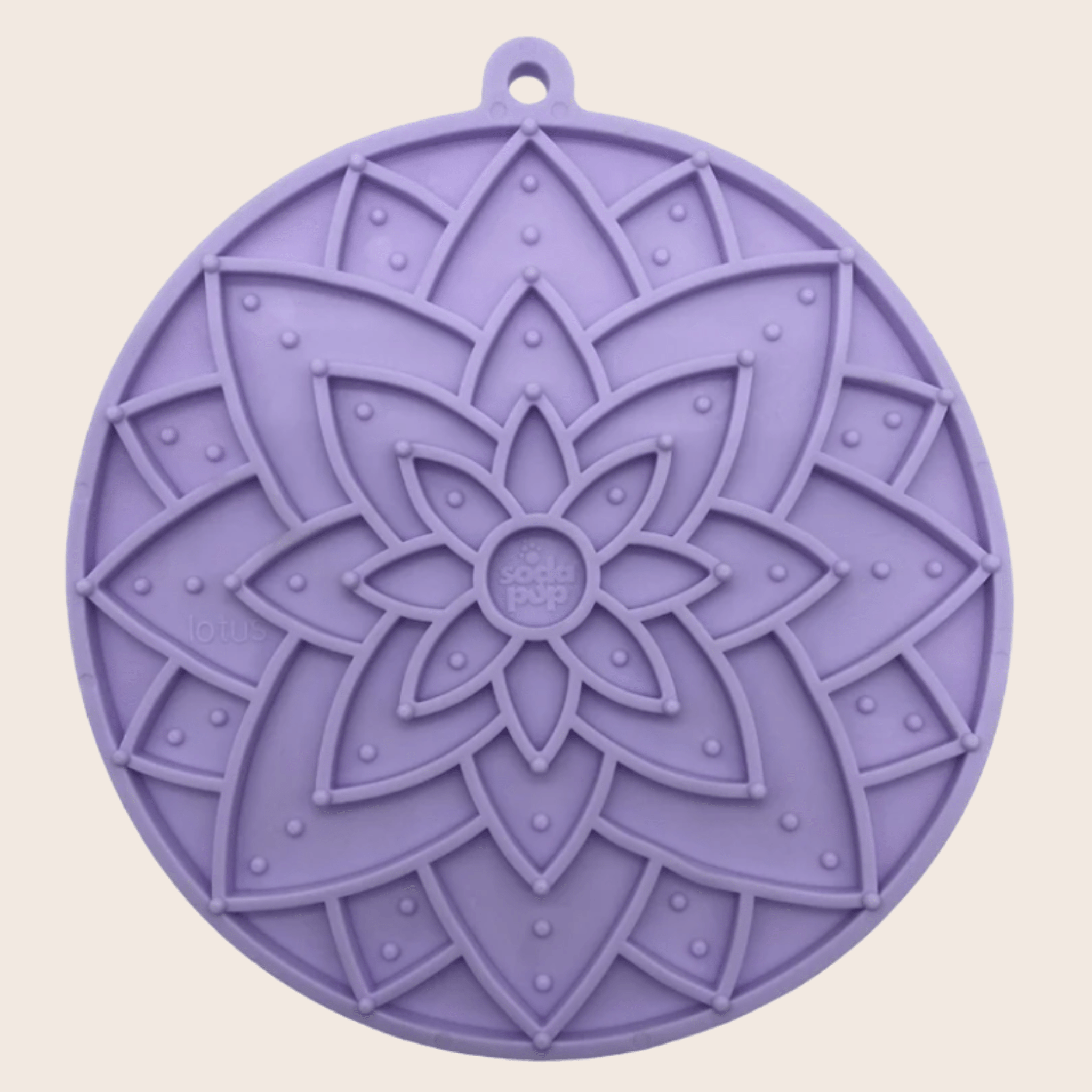 Purple round silicone lick mat with lotus flower texture and suction bump dimples