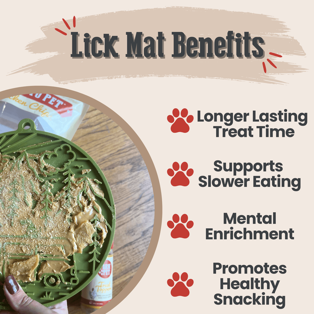 Green dog lick mat with raised pattern, partially filled with creamy treat spread.