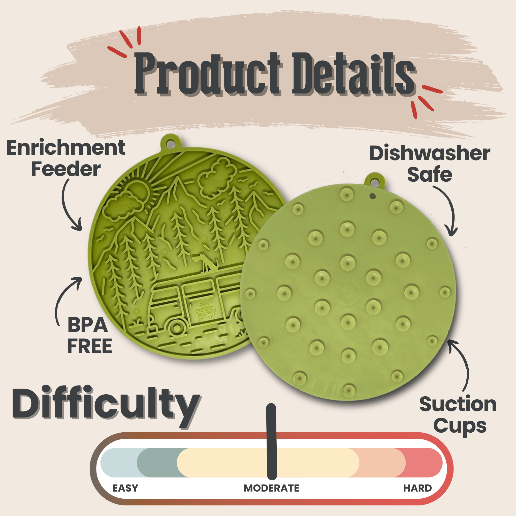 Green dog lick mat with raised texture and small suction cups on the back side.