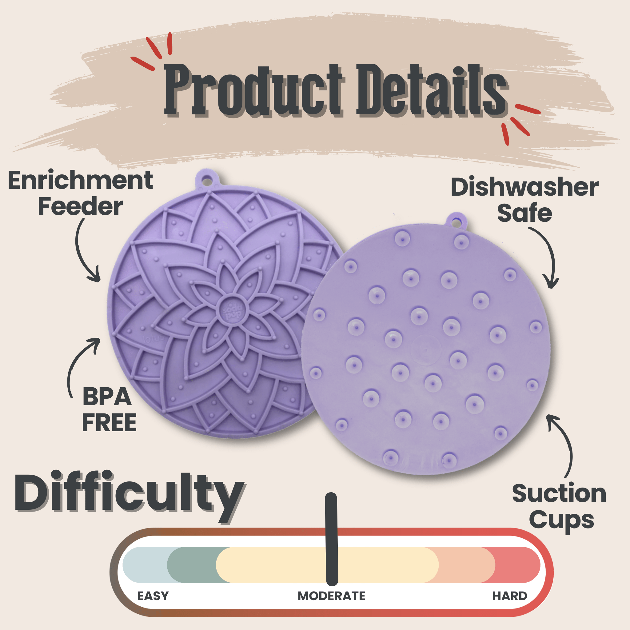 Purple round silicone lick mat with lotus texture and suction cup bumps