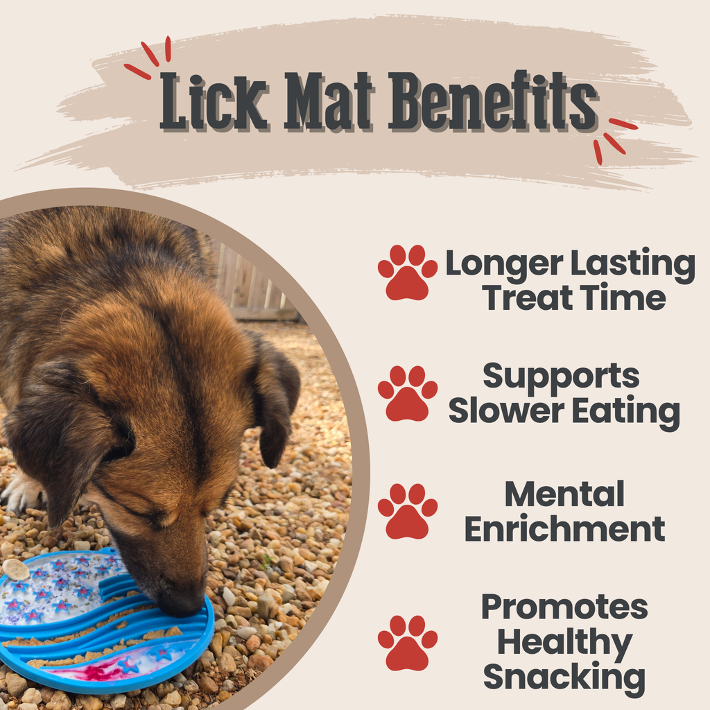Brown dog licking a blue round lick mat with suction cups on pebbles