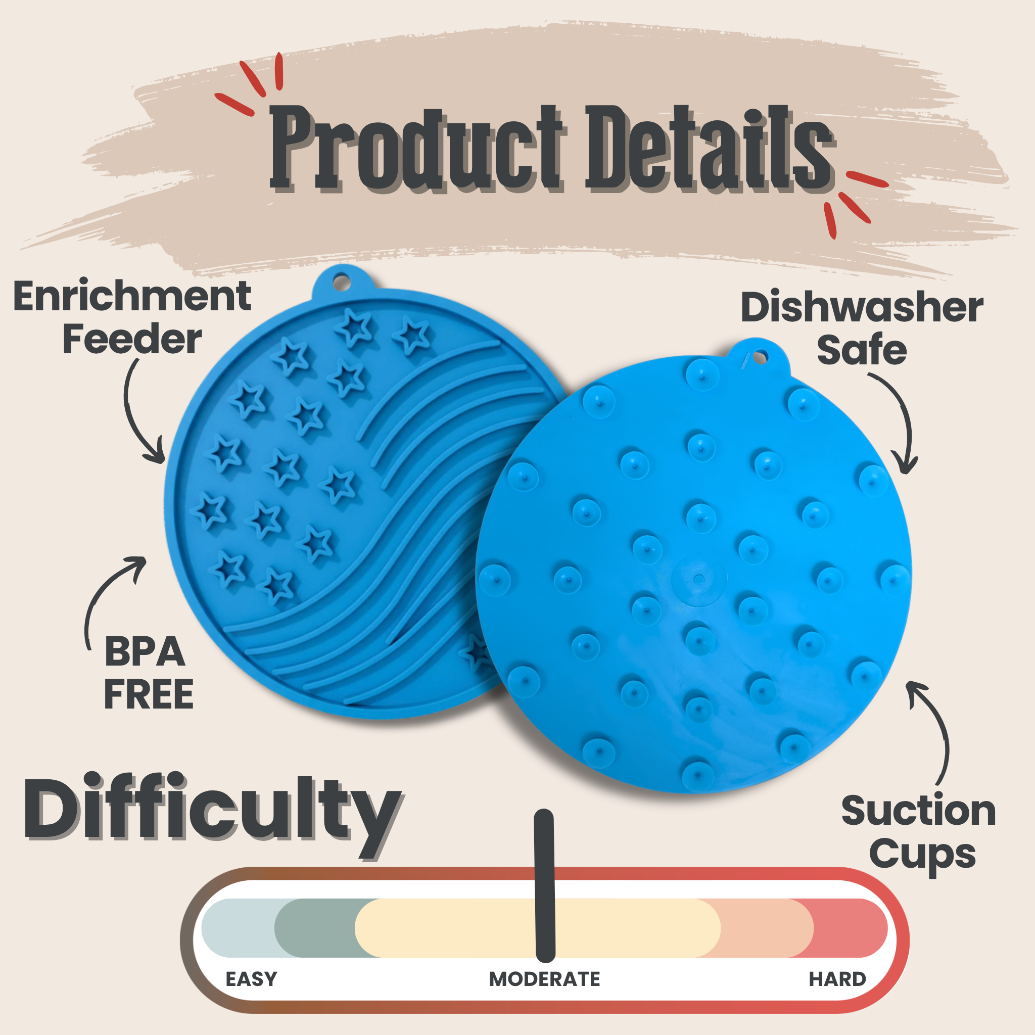 Round blue dog lick mats with star pattern texture and suction cups