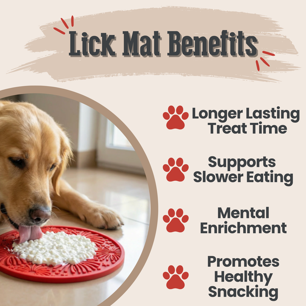 Dog licking a red round lick mat with suction cups on a clean floor