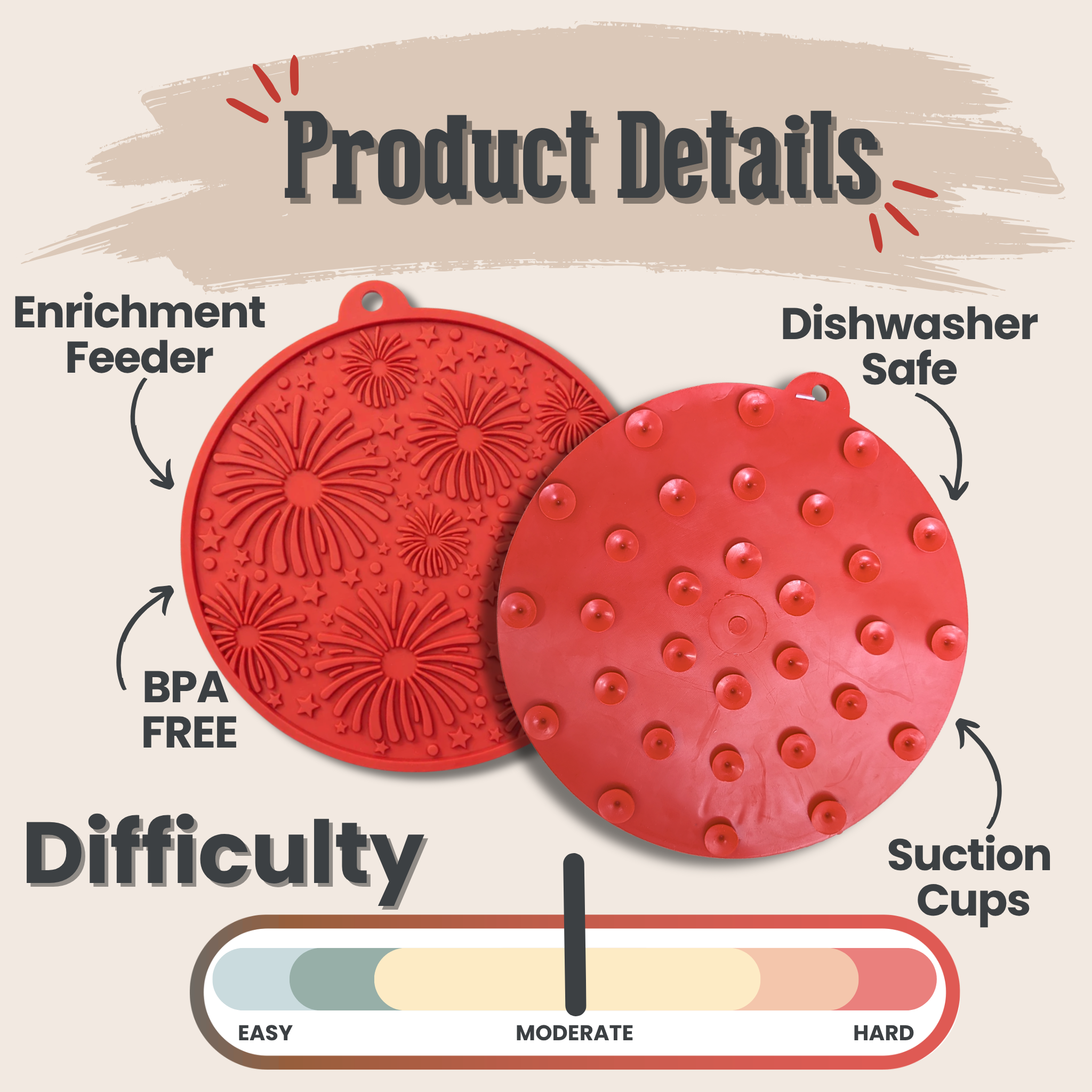 Red round dog lick mats with starburst texture and suction cup bumps