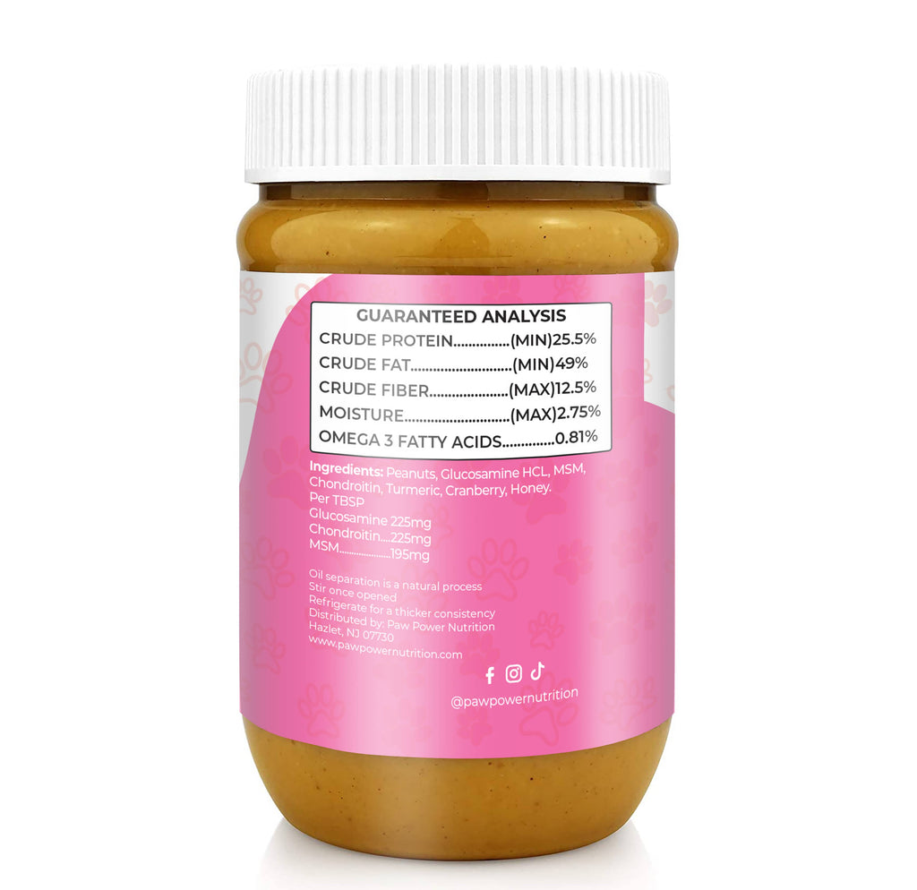 Dawg Butter dog supplement jar back label with guaranteed analysis panel on pink