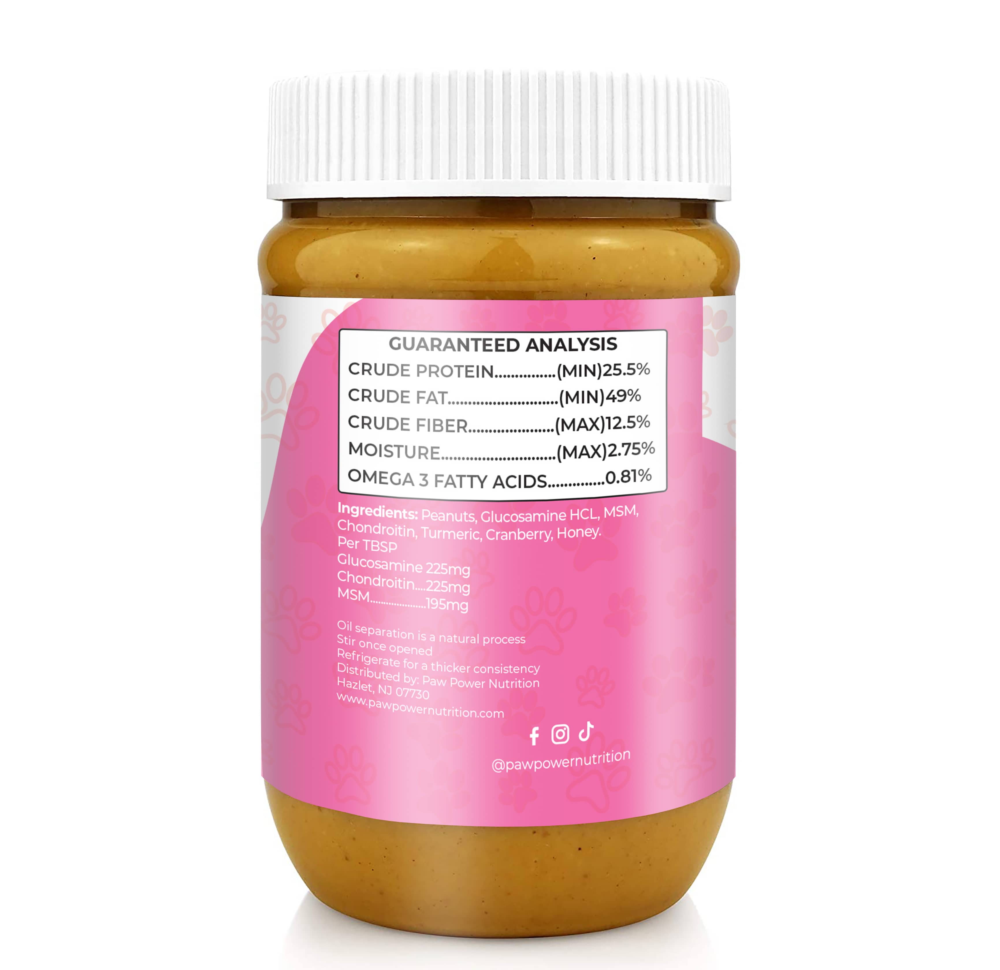 Dawg Butter dog supplement jar back label with guaranteed analysis panel on pink