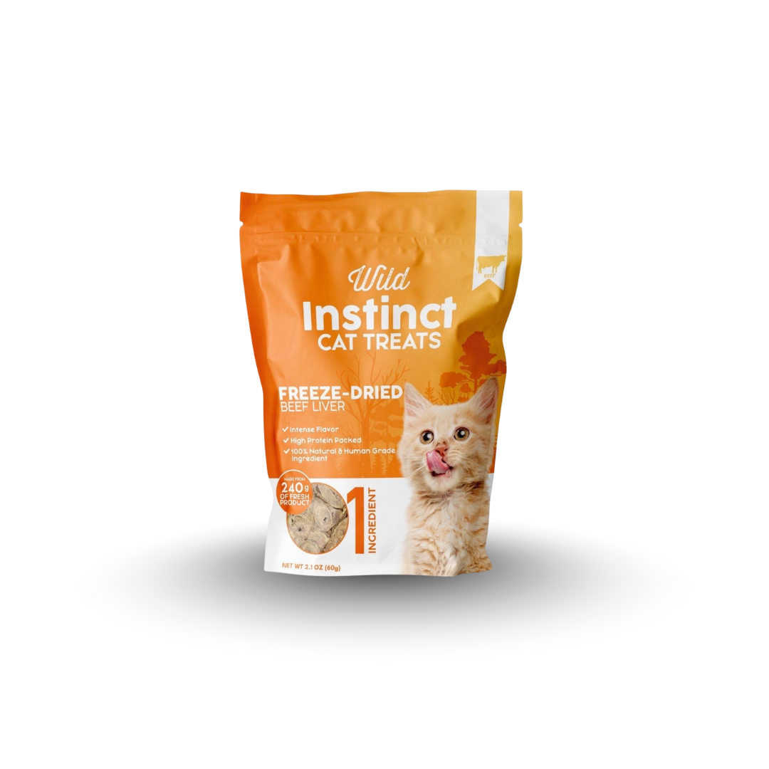 Freeze-dried beef liver cat treats pouch, orange and white package with pet portrait