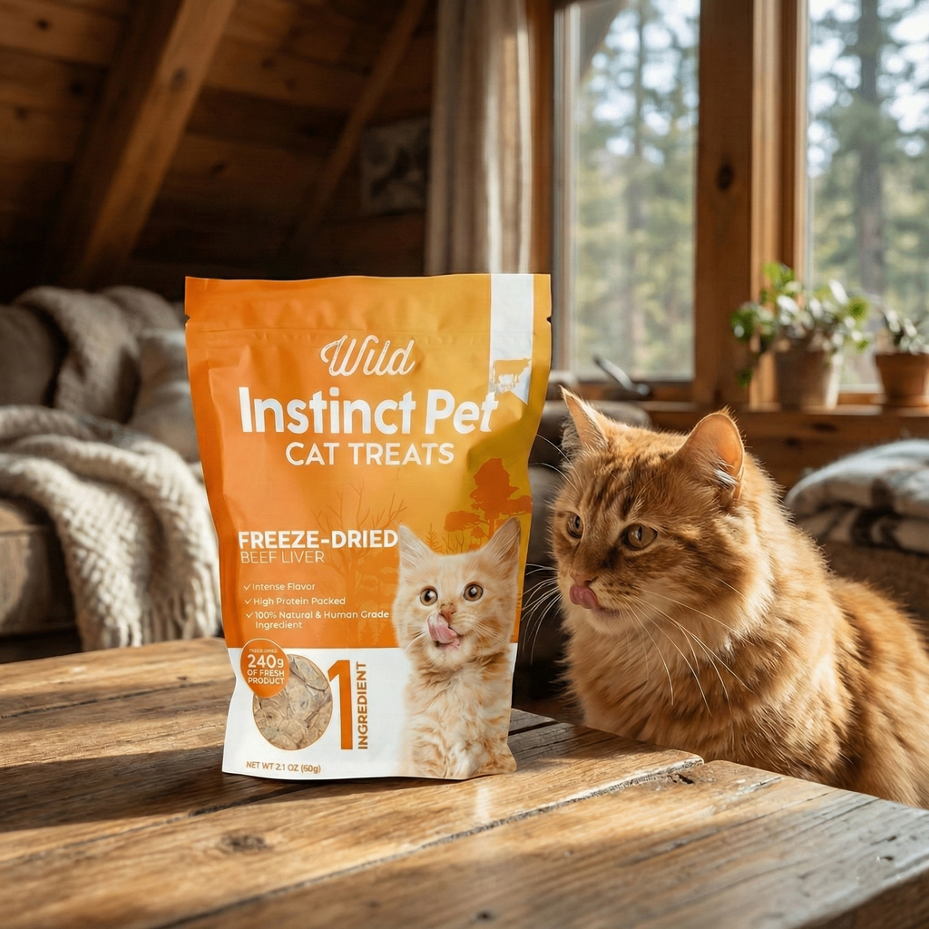 Freeze-dried beef liver cat treats pouch on a wooden surface, orange and white label