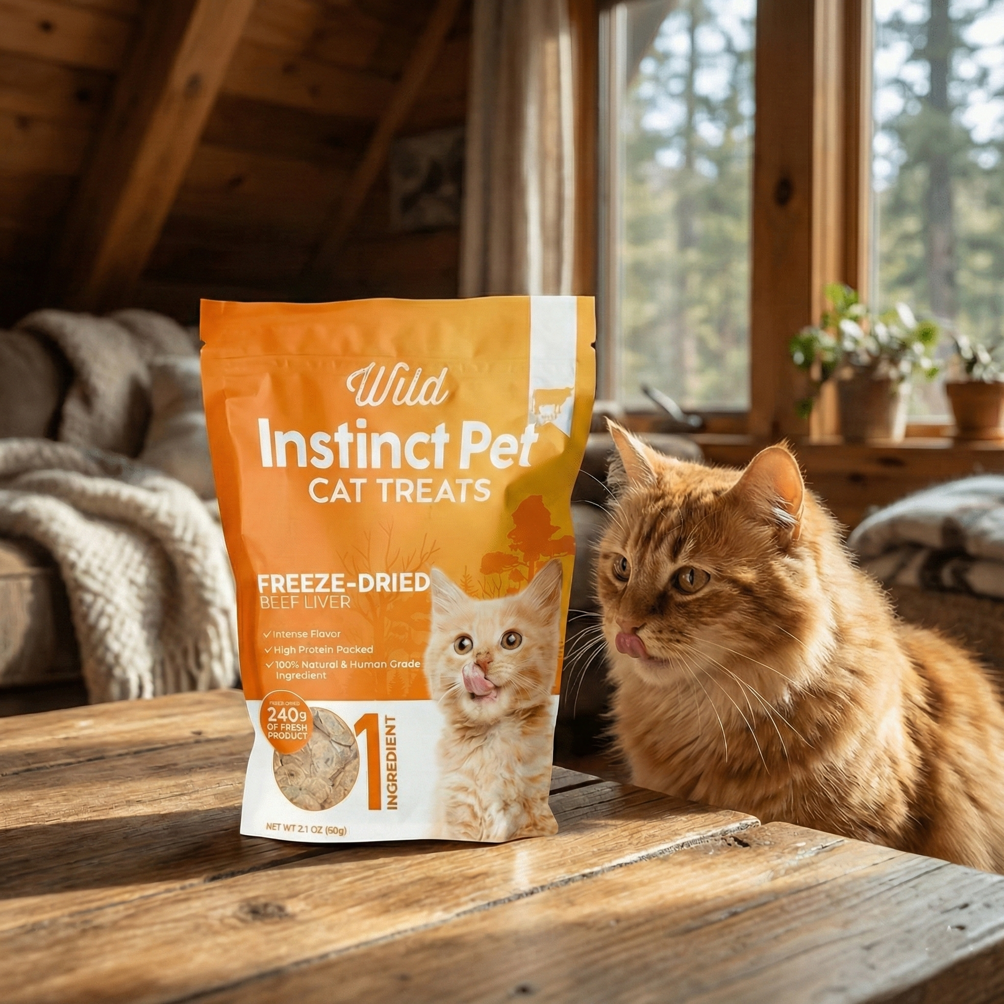 Freeze-dried beef liver cat treats pouch on a wooden surface, orange and white label