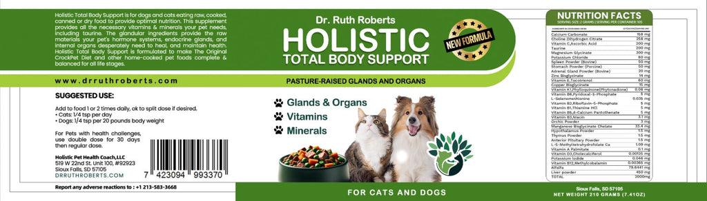 Holistic Total Body Support supplement facts label for cats and dogs
